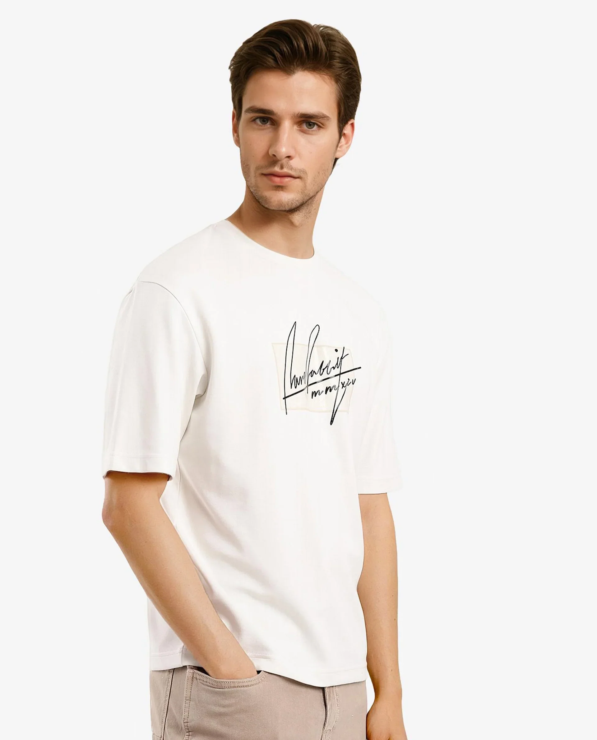 Rare Rabbit Men's Raydo Off White Cotton Graphic Print Boxy Fit Half Sleeve Crew Neck T-Shirt - Image 5