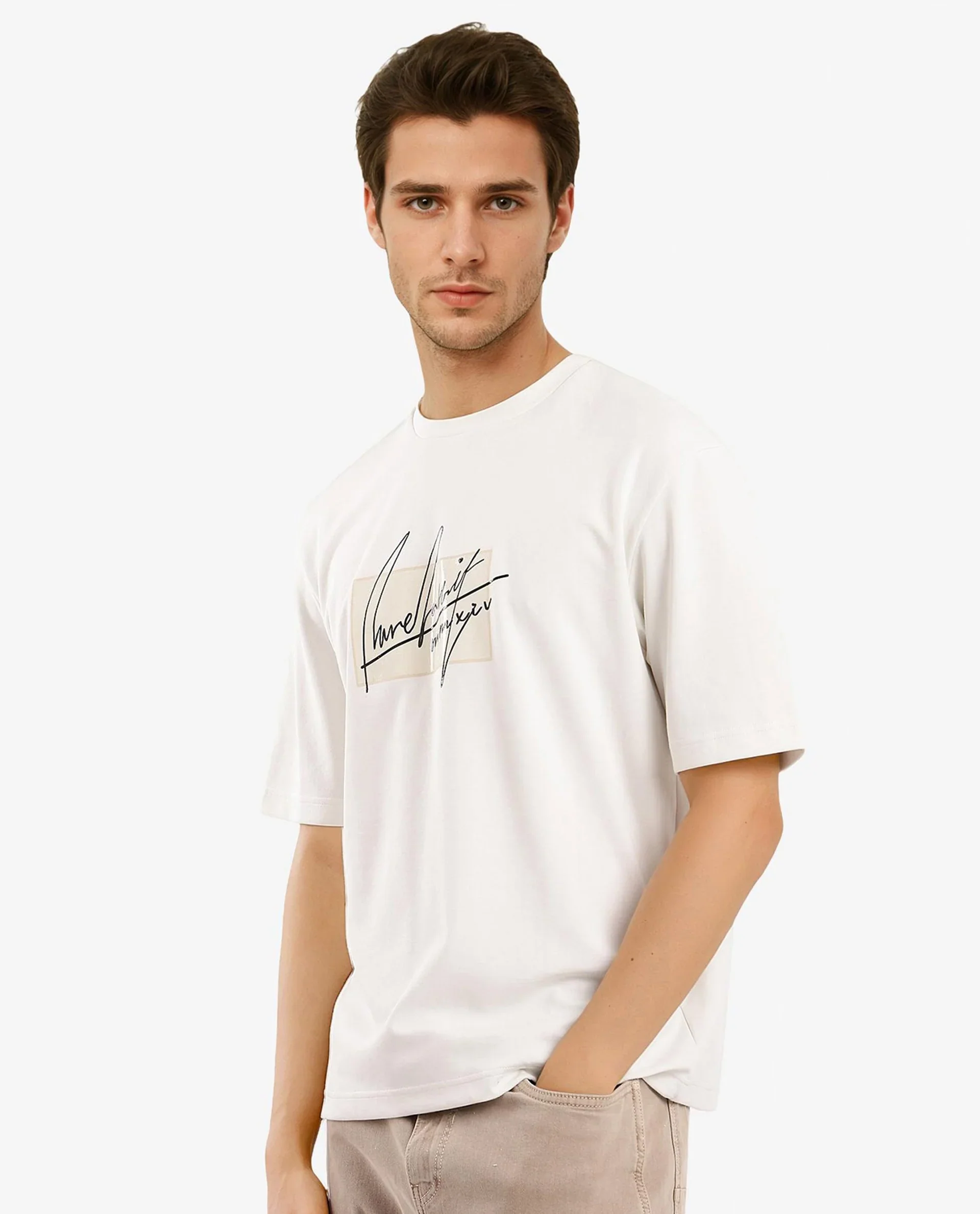 Rare Rabbit Men's Raydo Off White Cotton Graphic Print Boxy Fit Half Sleeve Crew Neck T-Shirt - Image 8