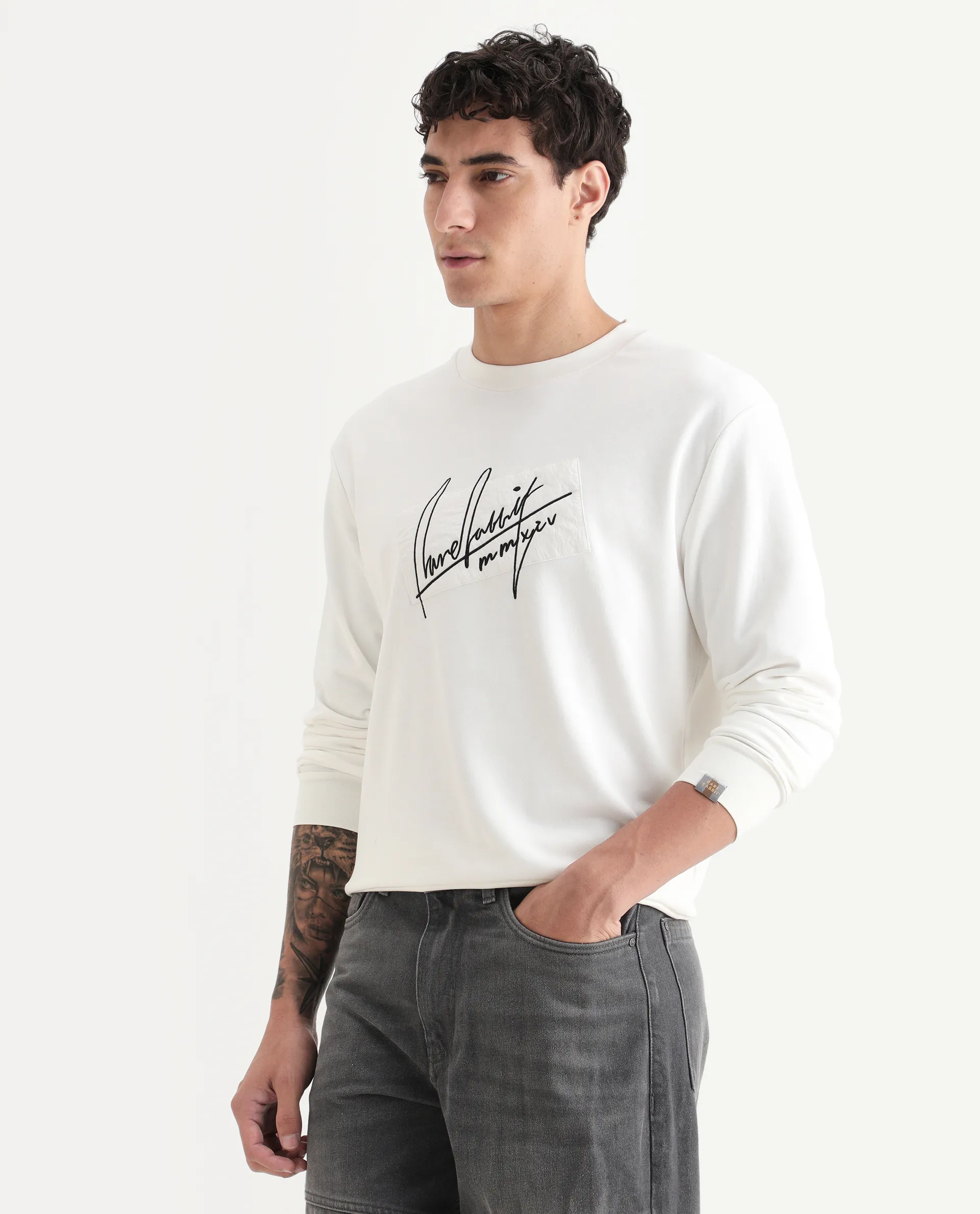 Rare Rabbit Men's Raydon Off White Cotton Graphic Print Regular Fit Full Sleeve Crew Neck Sweatshirt - Image 4