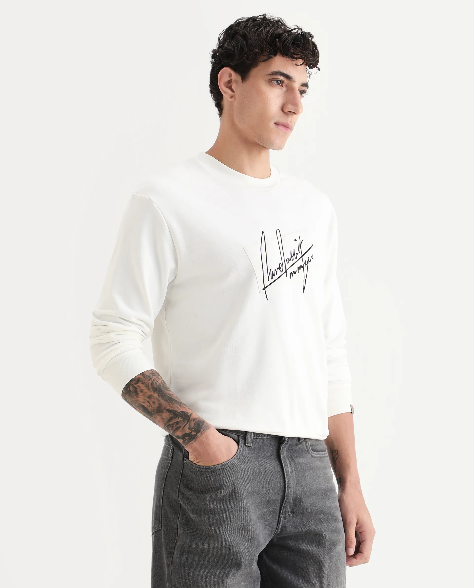 Rare Rabbit Men's Raydon Off White Cotton Graphic Print Regular Fit Full Sleeve Crew Neck Sweatshirt - Image 5