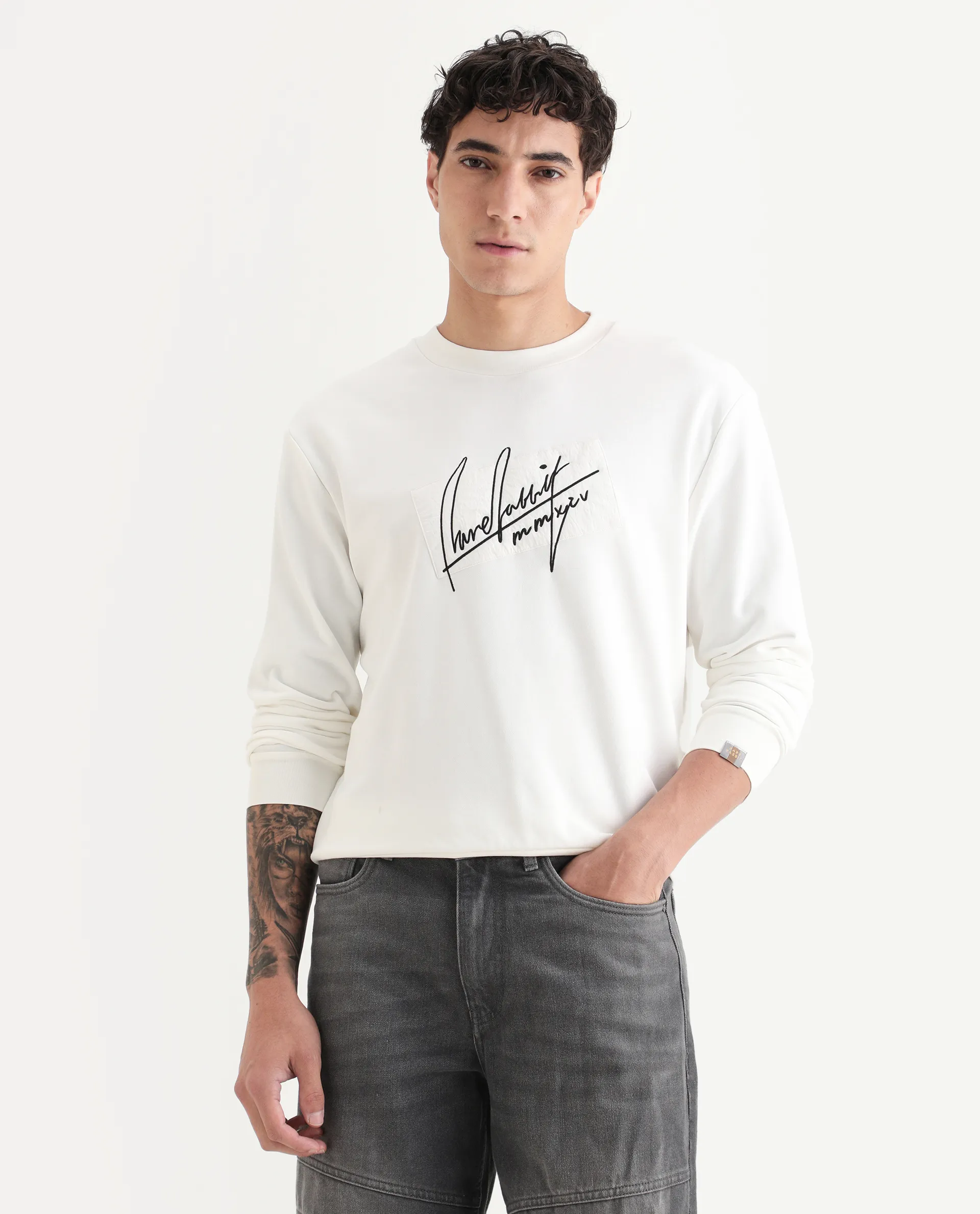Rare Rabbit Men's Raydon Off White Cotton Graphic Print Regular Fit Full Sleeve Crew Neck Sweatshirt - Image 7
