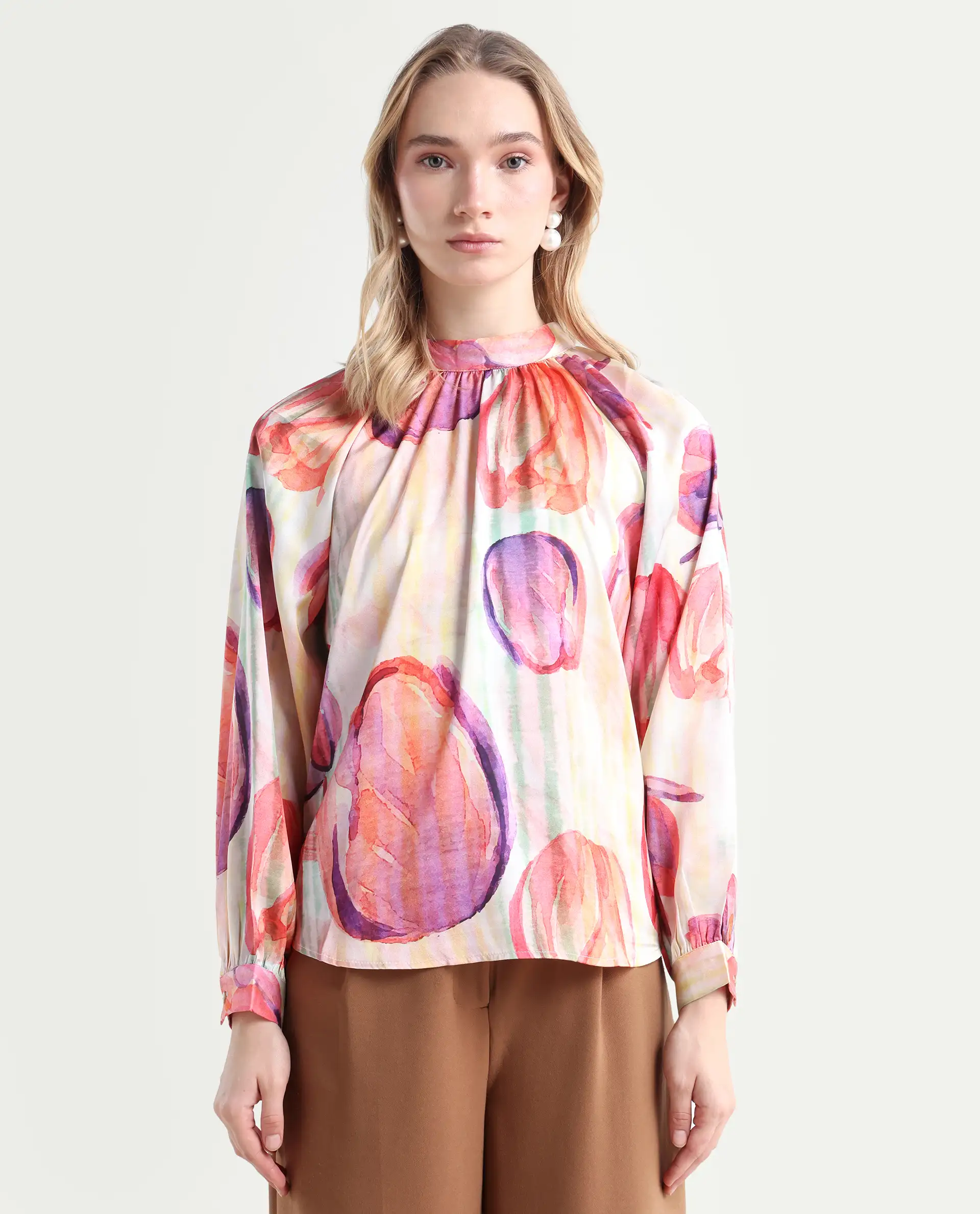 Rareism Women's Raylin Light Multi Polyester High Neck Floral Print Cuffed Sleeve Relaxed Fit Top - Image 3
