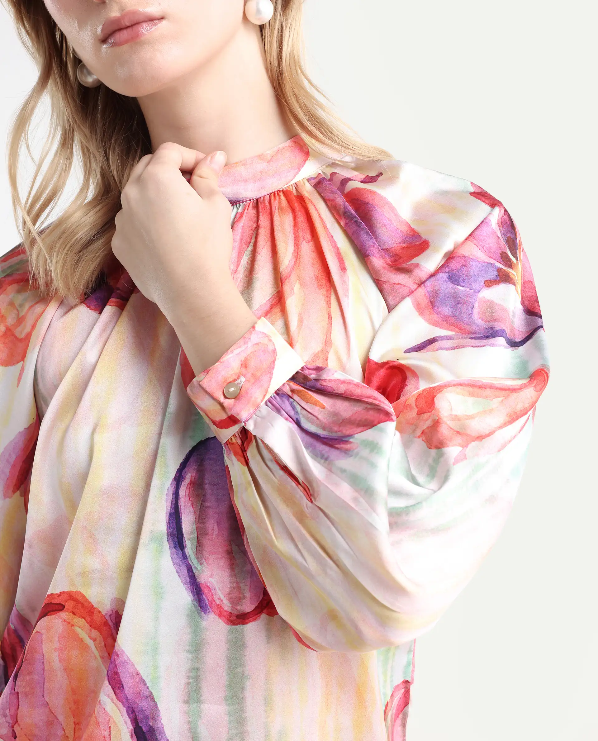 Rareism Women's Raylin Light Multi Polyester High Neck Floral Print Cuffed Sleeve Relaxed Fit Top - Image 4