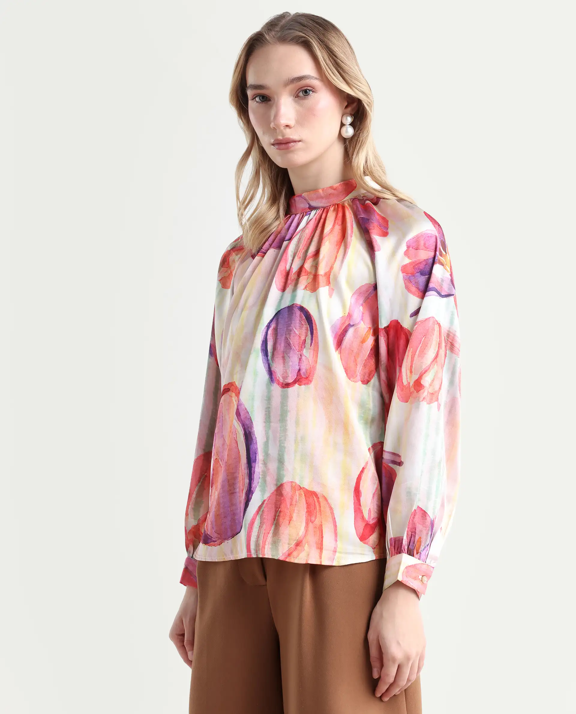 Rareism Women's Raylin Light Multi Polyester High Neck Floral Print Cuffed Sleeve Relaxed Fit Top - Image 5