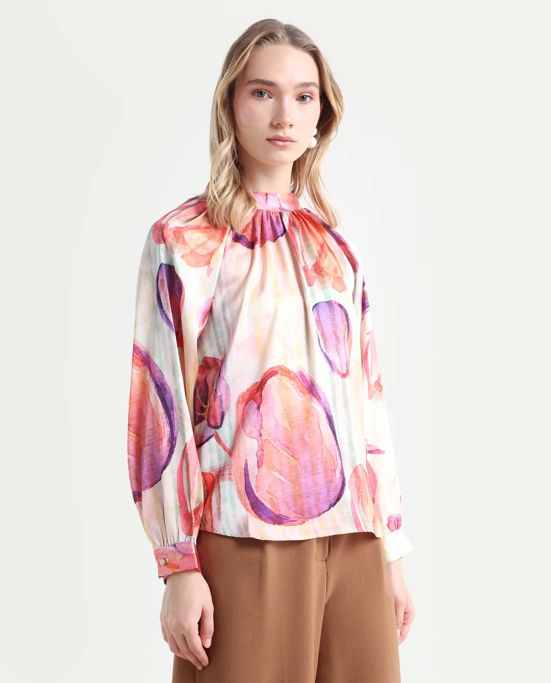Rareism Women's Raylin Light Multi Polyester High Neck Floral Print Cuffed Sleeve Relaxed Fit Top - Image 6