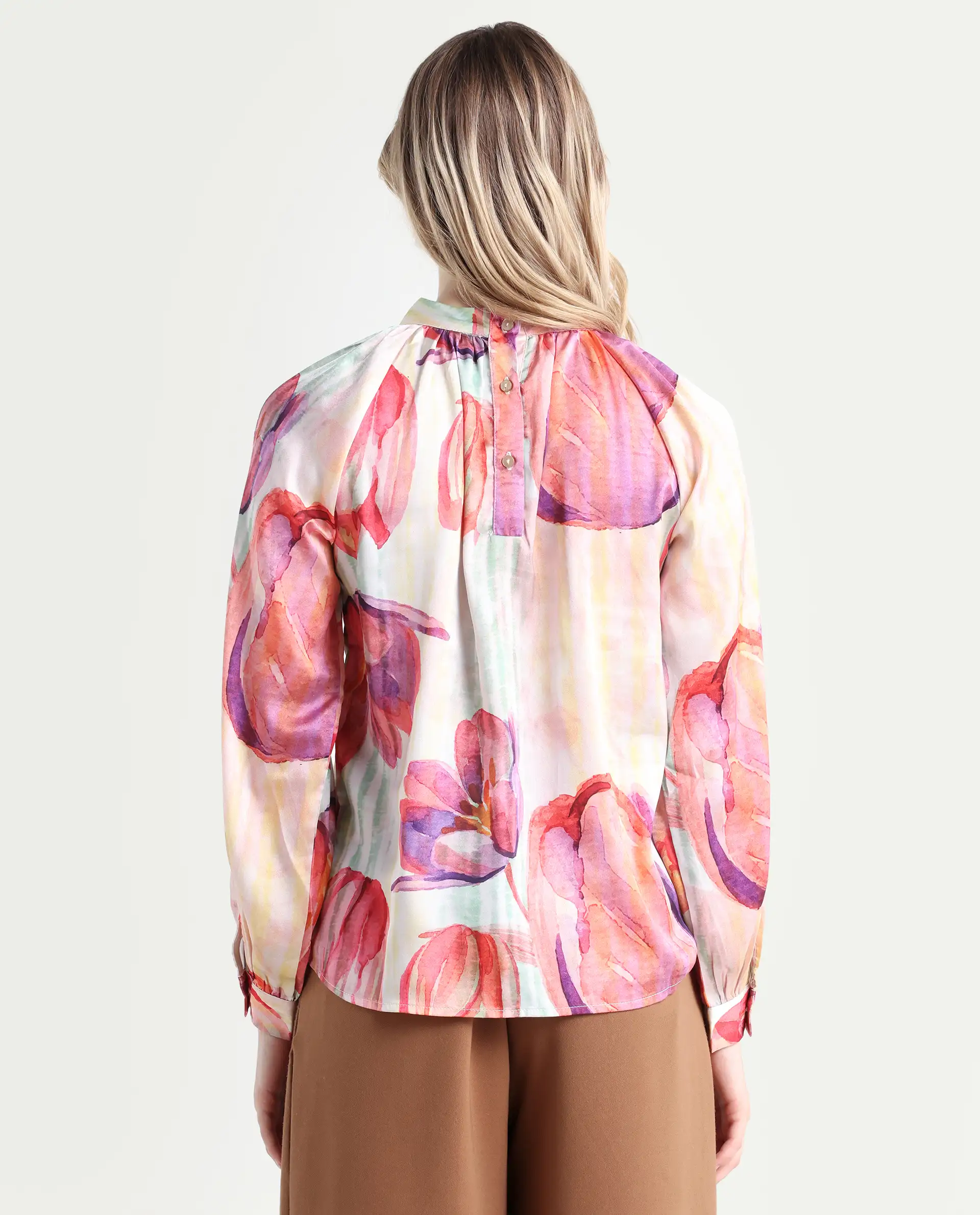 Rareism Women's Raylin Light Multi Polyester High Neck Floral Print Cuffed Sleeve Relaxed Fit Top - Image 7