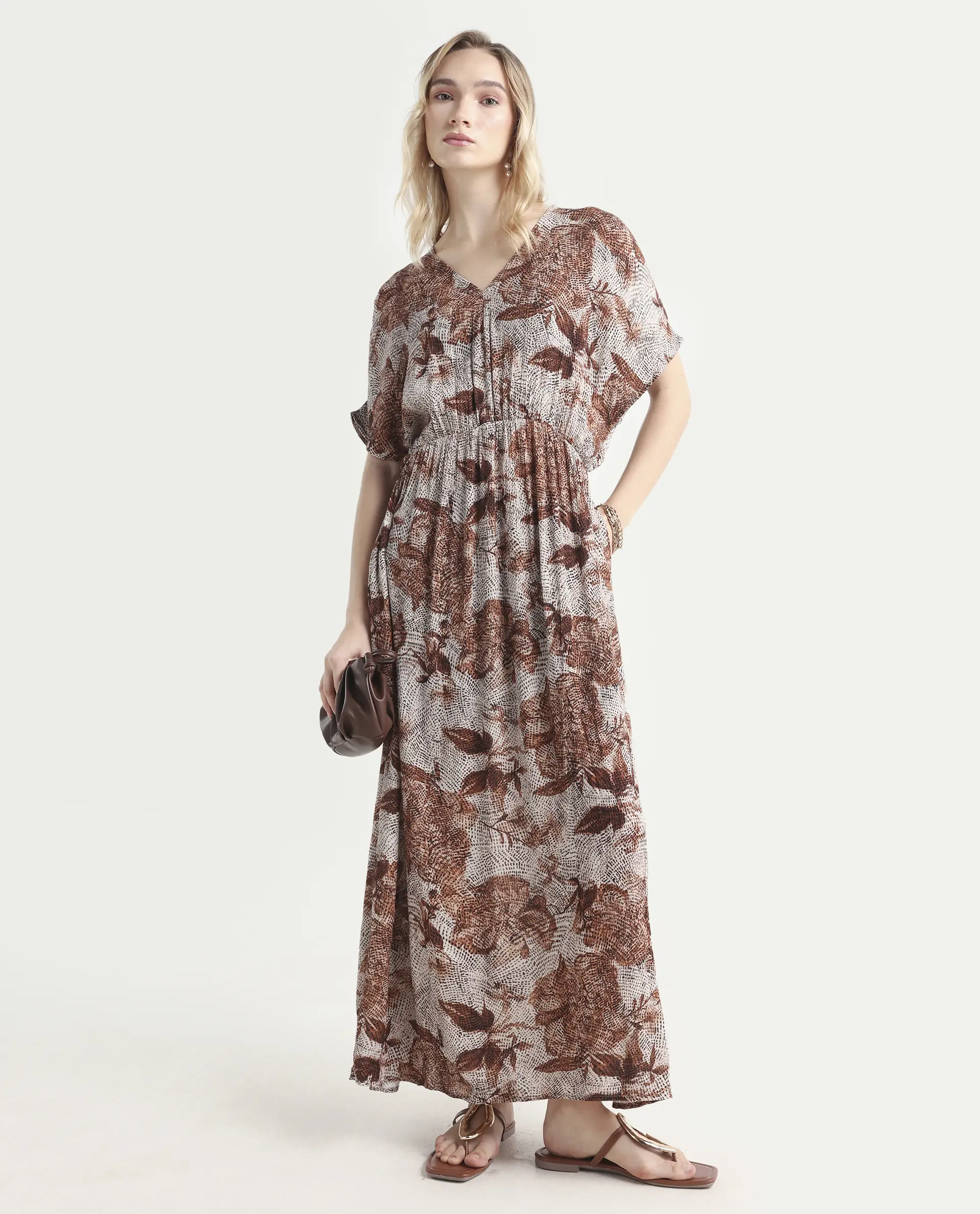 Rareism Women's Rayo Dusky Beige Viscose V-Neck Abstract Print Extended Sleeves Maxi Relaxed Fit Dress