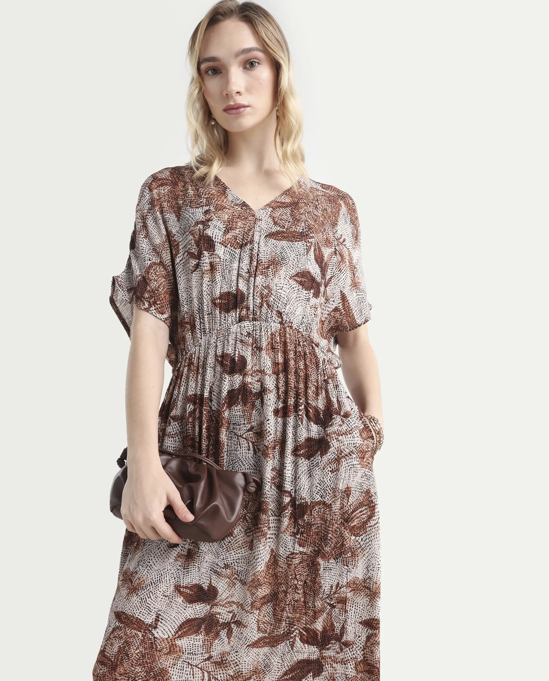 Rareism Women's Rayo Dusky Beige Viscose V-Neck Abstract Print Extended Sleeves Maxi Relaxed Fit Dress - Image 2