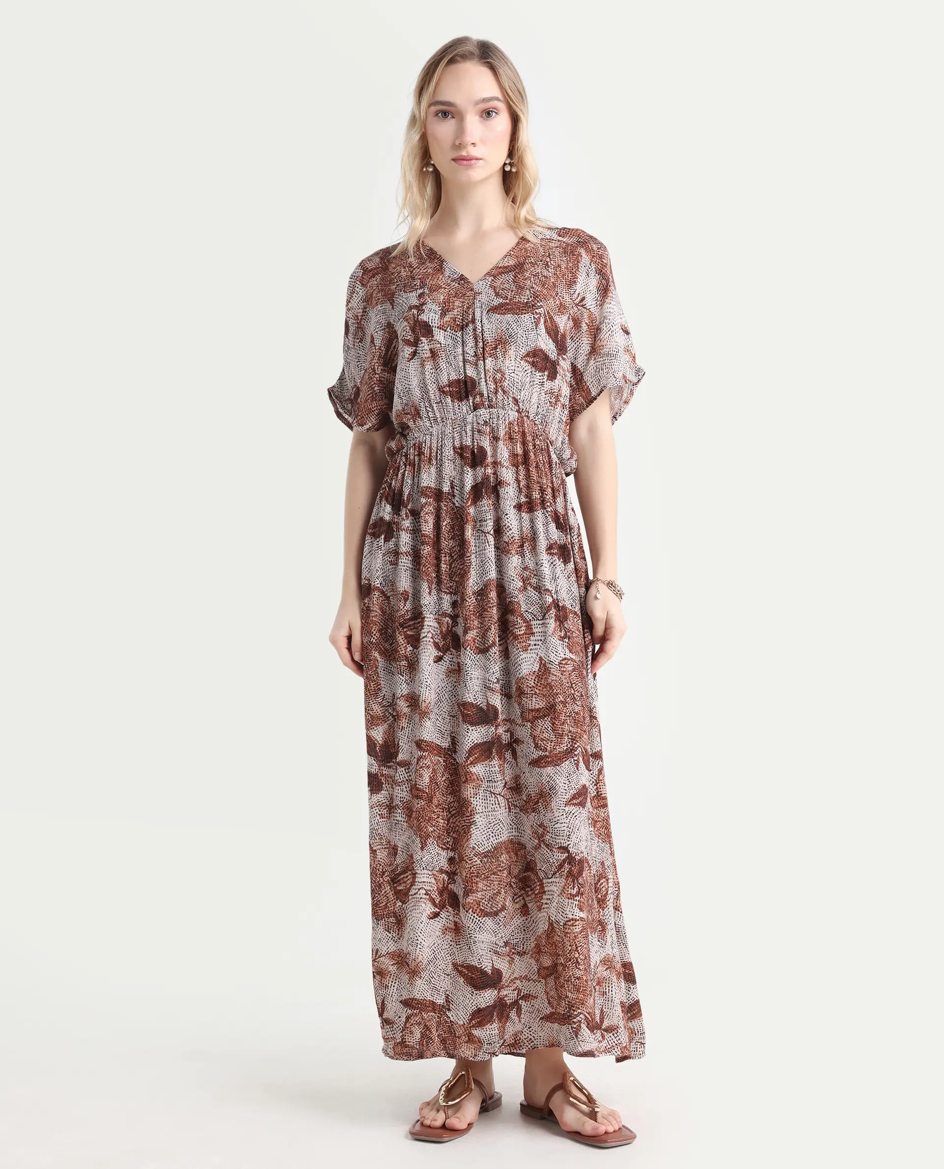Rareism Women's Rayo Dusky Beige Viscose V-Neck Abstract Print Extended Sleeves Maxi Relaxed Fit Dress - Image 3