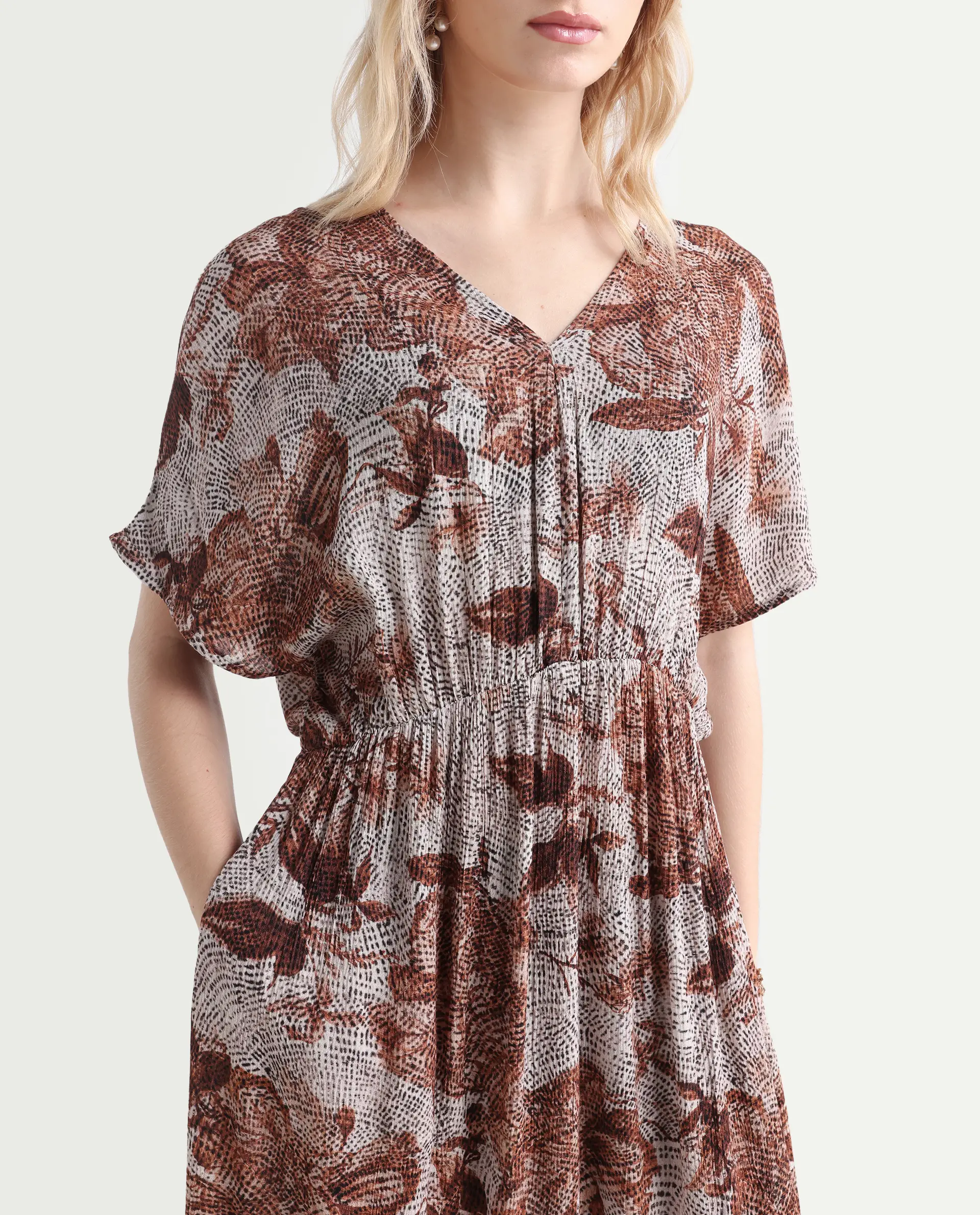 Rareism Women's Rayo Dusky Beige Viscose V-Neck Abstract Print Extended Sleeves Maxi Relaxed Fit Dress - Image 4