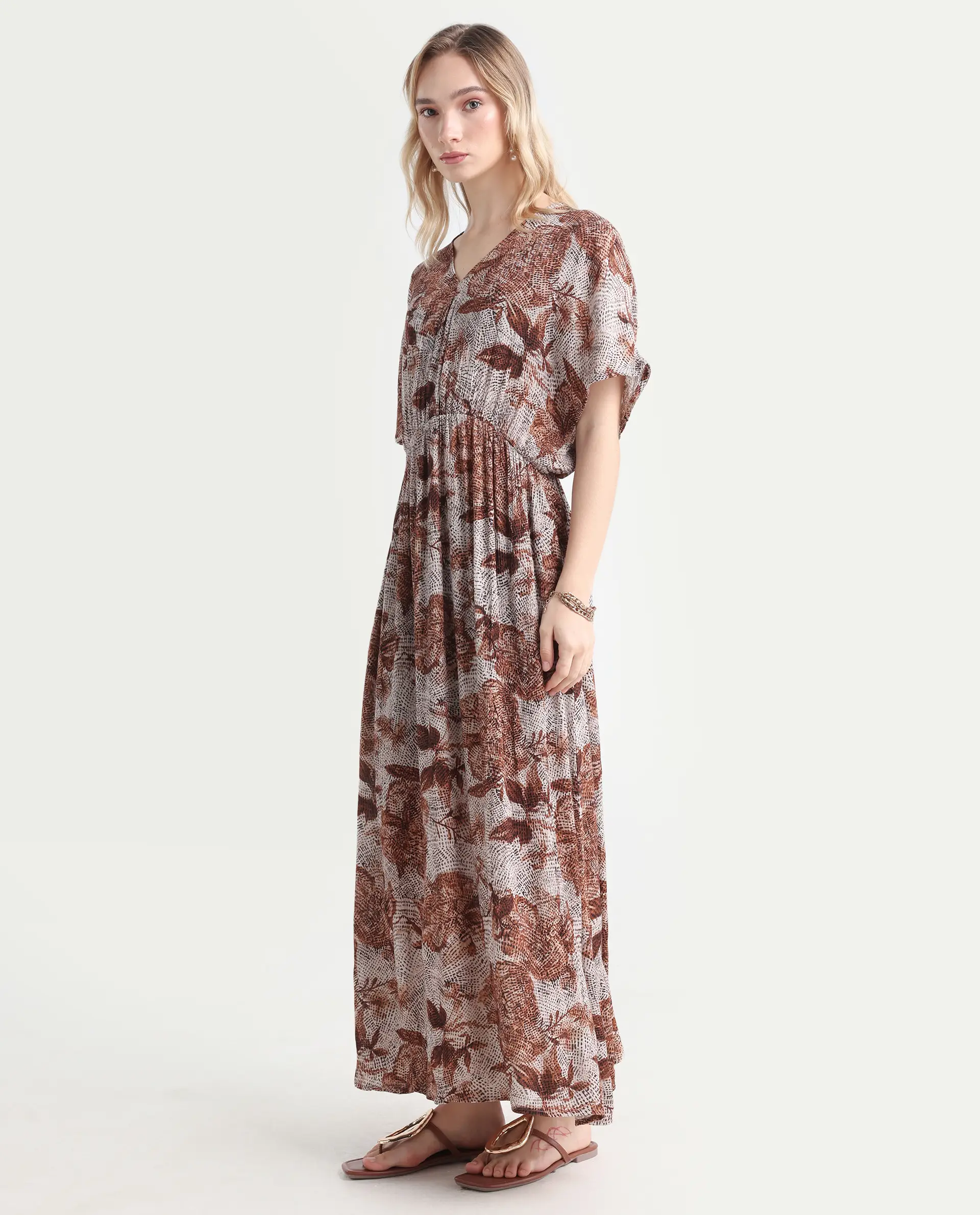 Rareism Women's Rayo Dusky Beige Viscose V-Neck Abstract Print Extended Sleeves Maxi Relaxed Fit Dress - Image 5