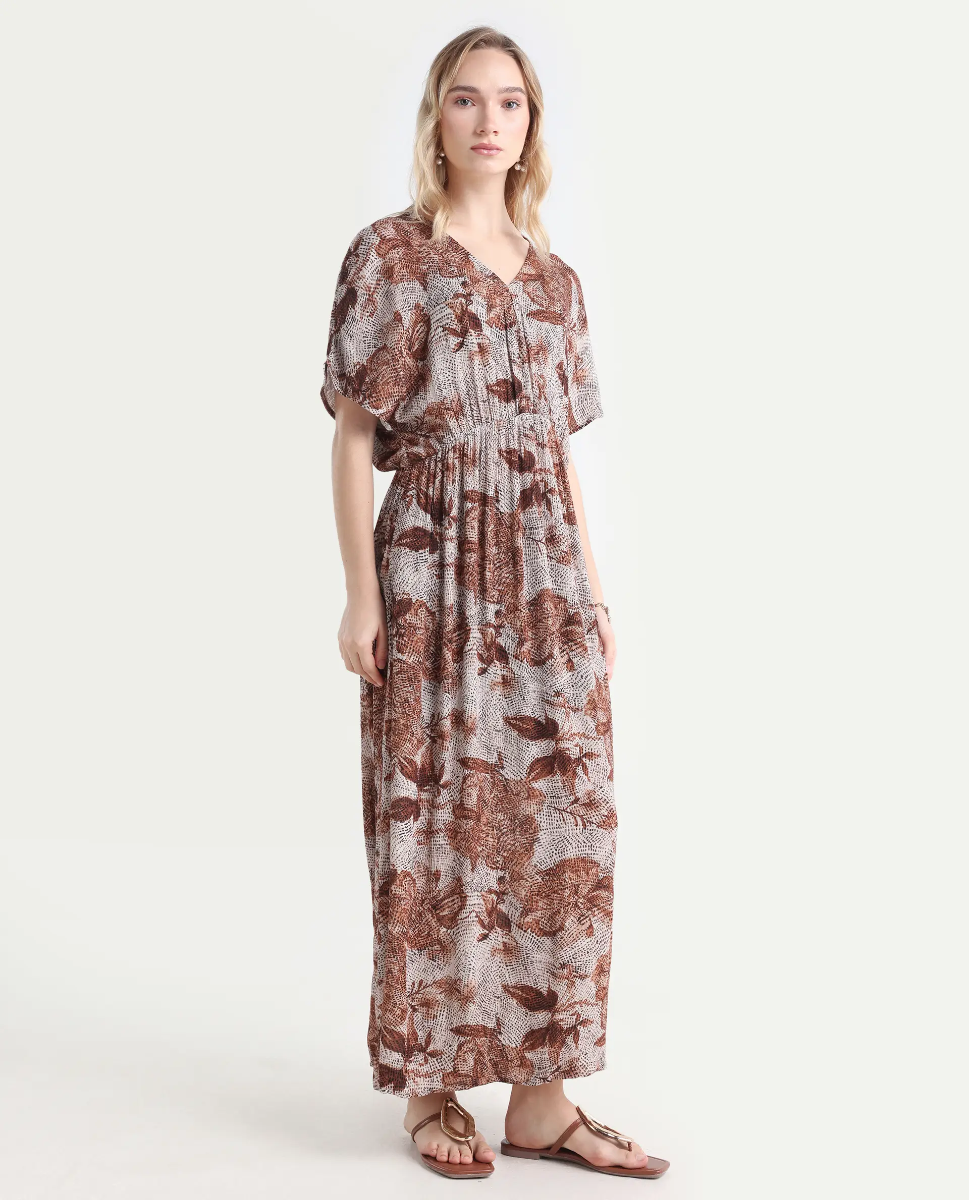 Rareism Women's Rayo Dusky Beige Viscose V-Neck Abstract Print Extended Sleeves Maxi Relaxed Fit Dress - Image 6