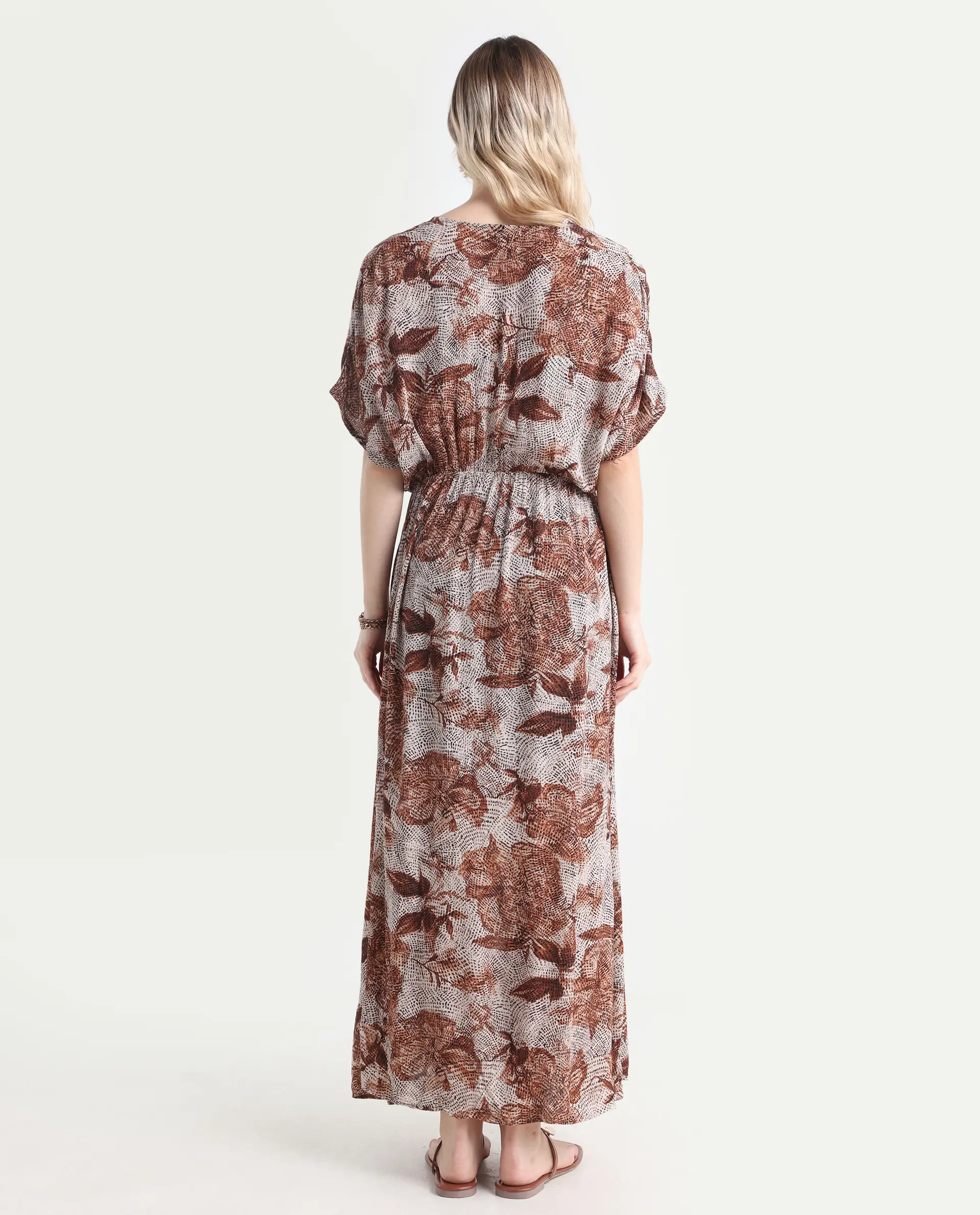 Rareism Women's Rayo Dusky Beige Viscose V-Neck Abstract Print Extended Sleeves Maxi Relaxed Fit Dress - Image 7