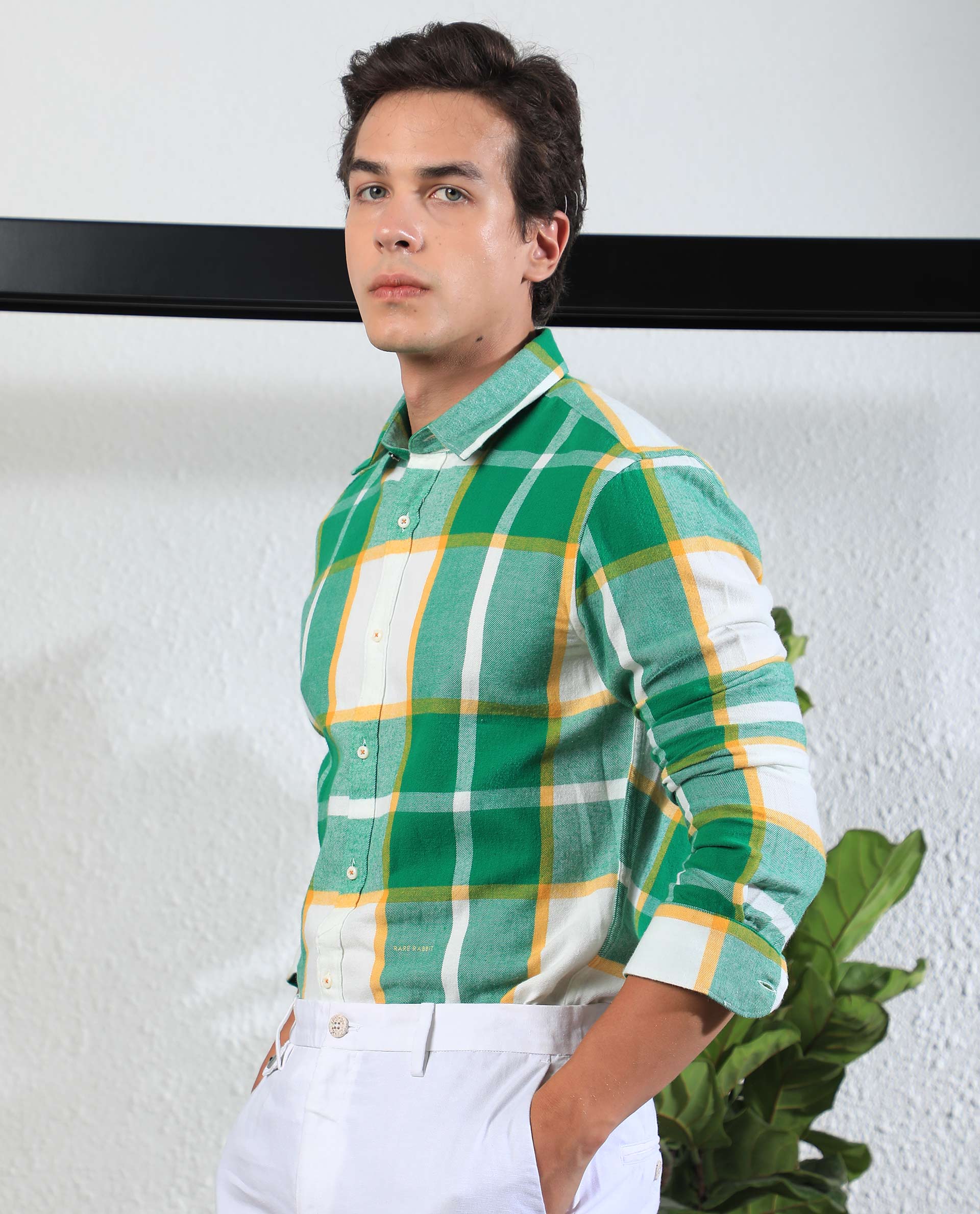 Rare Rabbit Men's Rayo Green Cotton Checked Print Regular Fit Full Sleeve Collared Shirt - Image 7