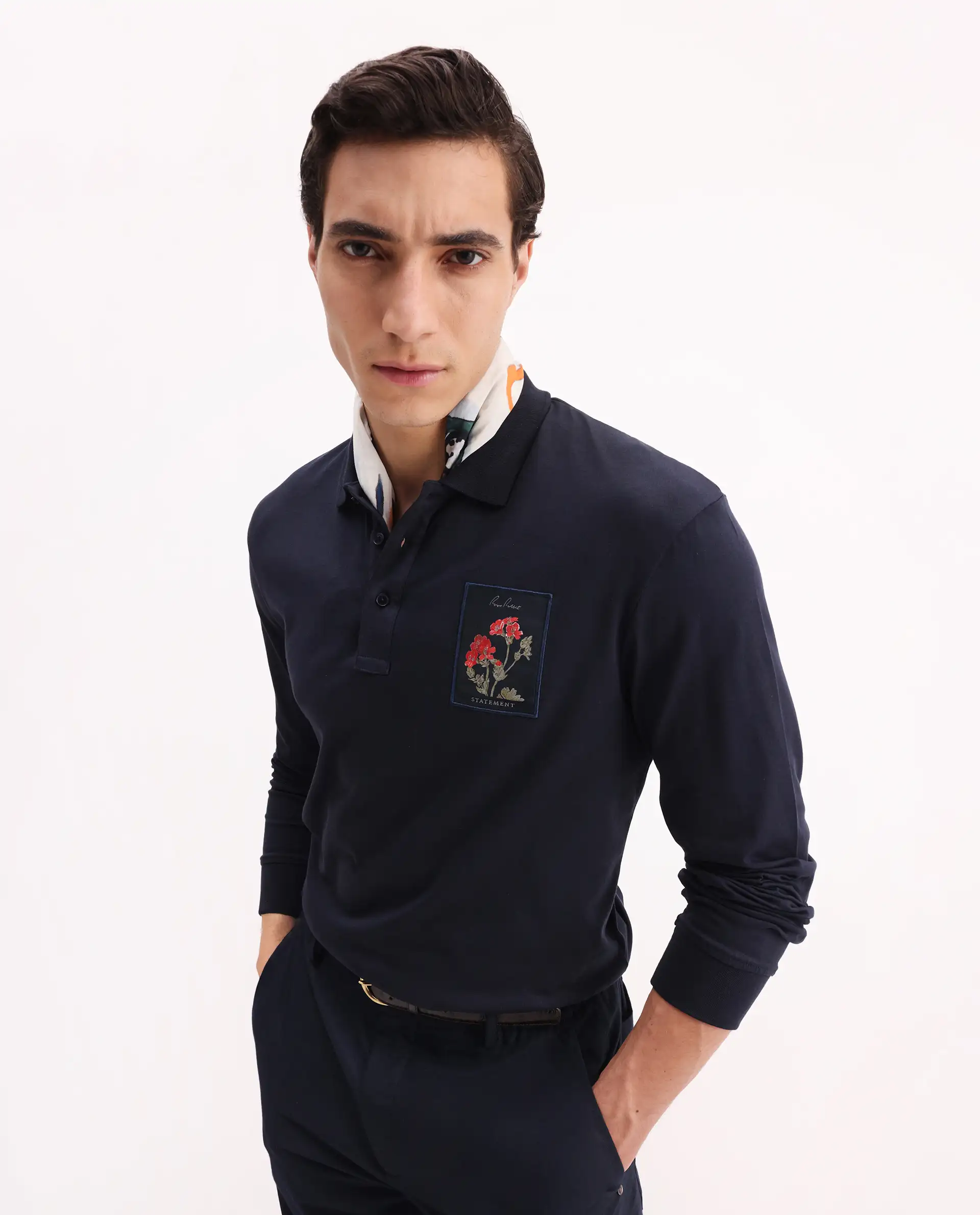 Rare Rabbit Men's Raz Navy Cotton Plain Regular Fit Full Sleeve Polo