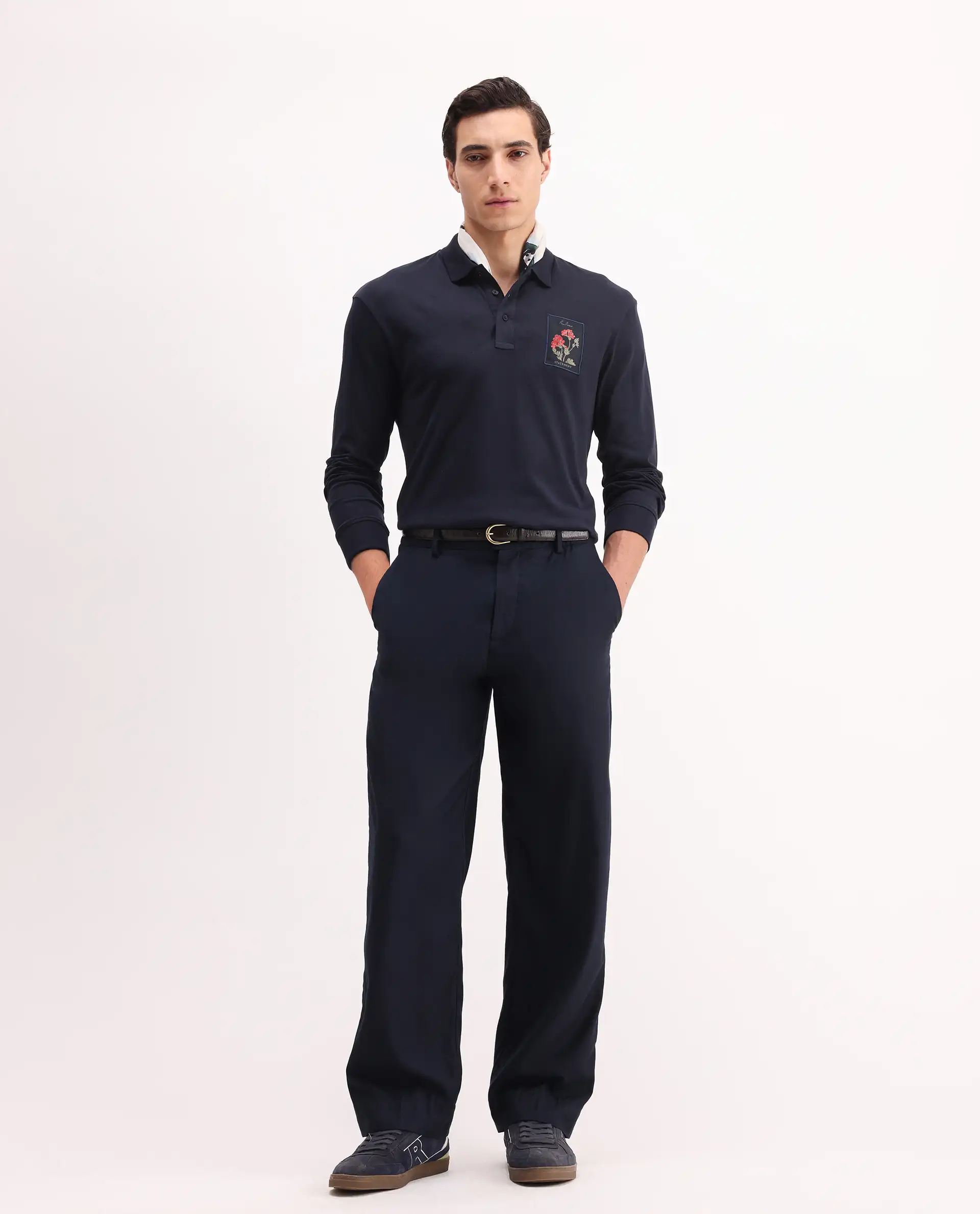 Rare Rabbit Men's Raz Navy Cotton Plain Regular Fit Full Sleeve Polo - Image 2