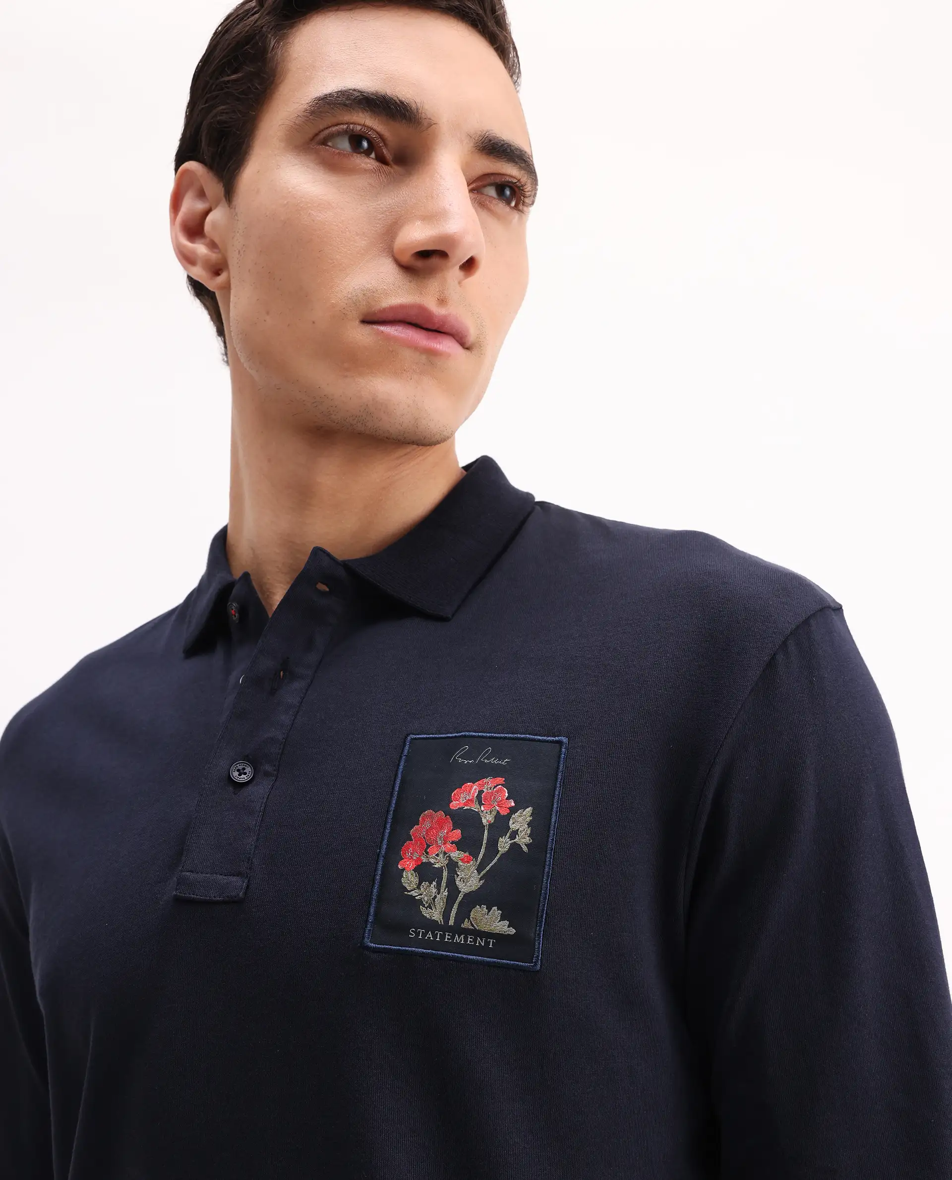 Rare Rabbit Men's Raz Navy Cotton Plain Regular Fit Full Sleeve Polo - Image 3