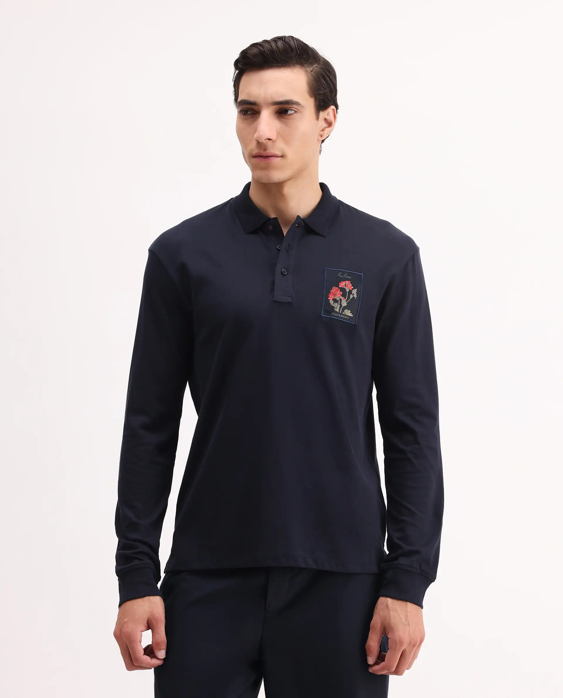 Rare Rabbit Men's Raz Navy Cotton Plain Regular Fit Full Sleeve Polo - Image 4