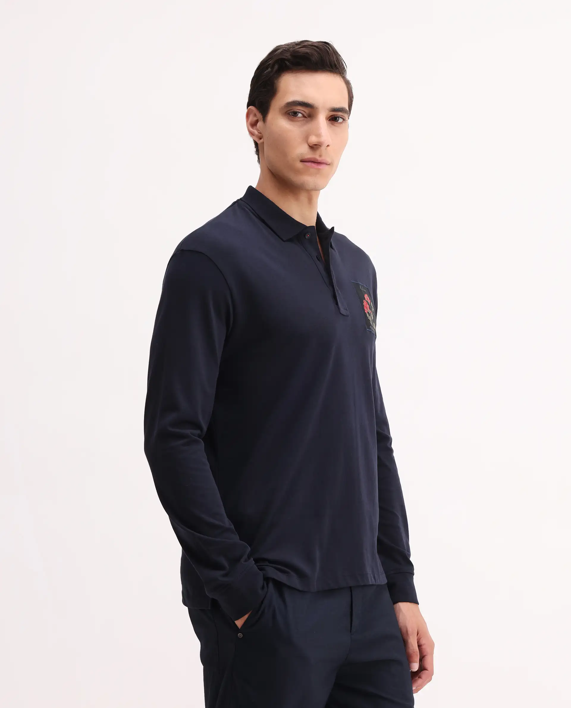 Rare Rabbit Men's Raz Navy Cotton Plain Regular Fit Full Sleeve Polo - Image 5