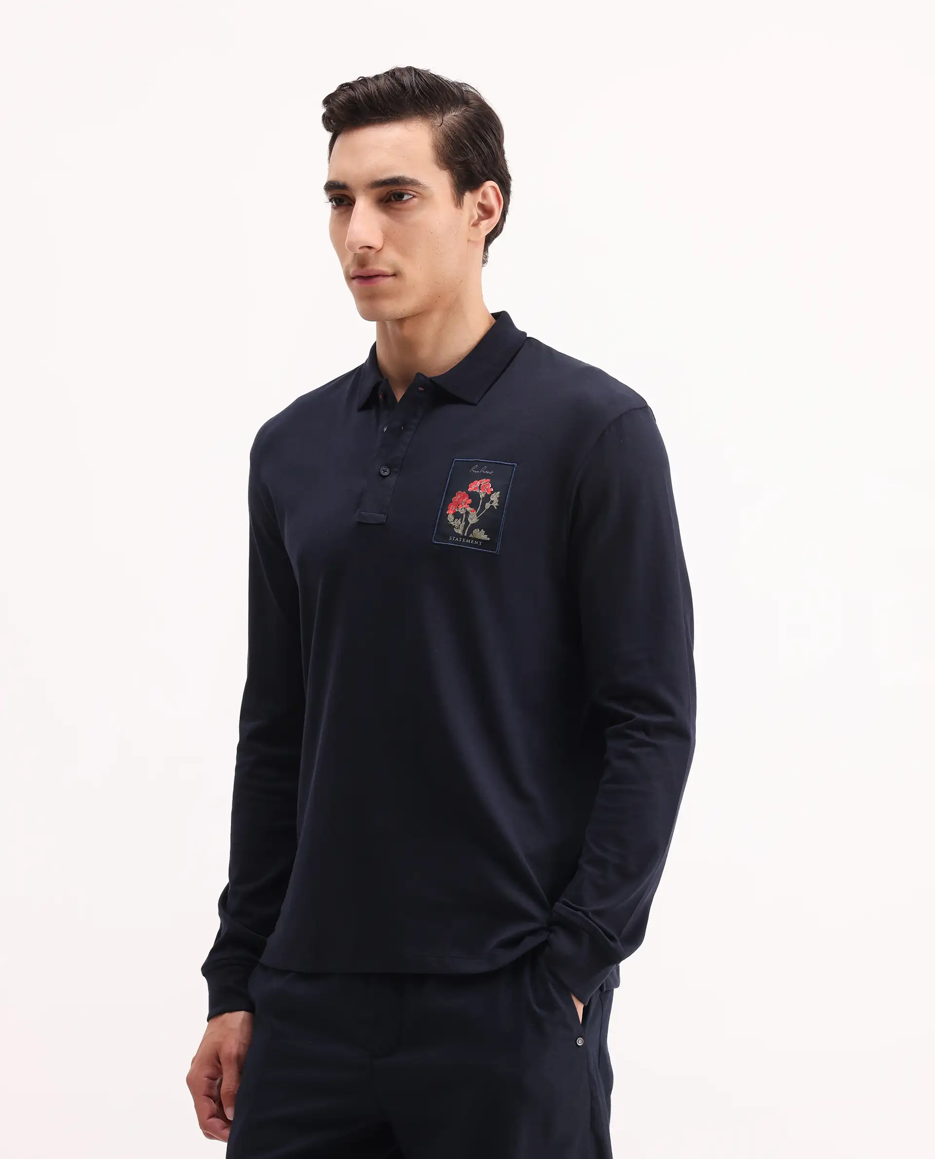 Rare Rabbit Men's Raz Navy Cotton Plain Regular Fit Full Sleeve Polo - Image 6