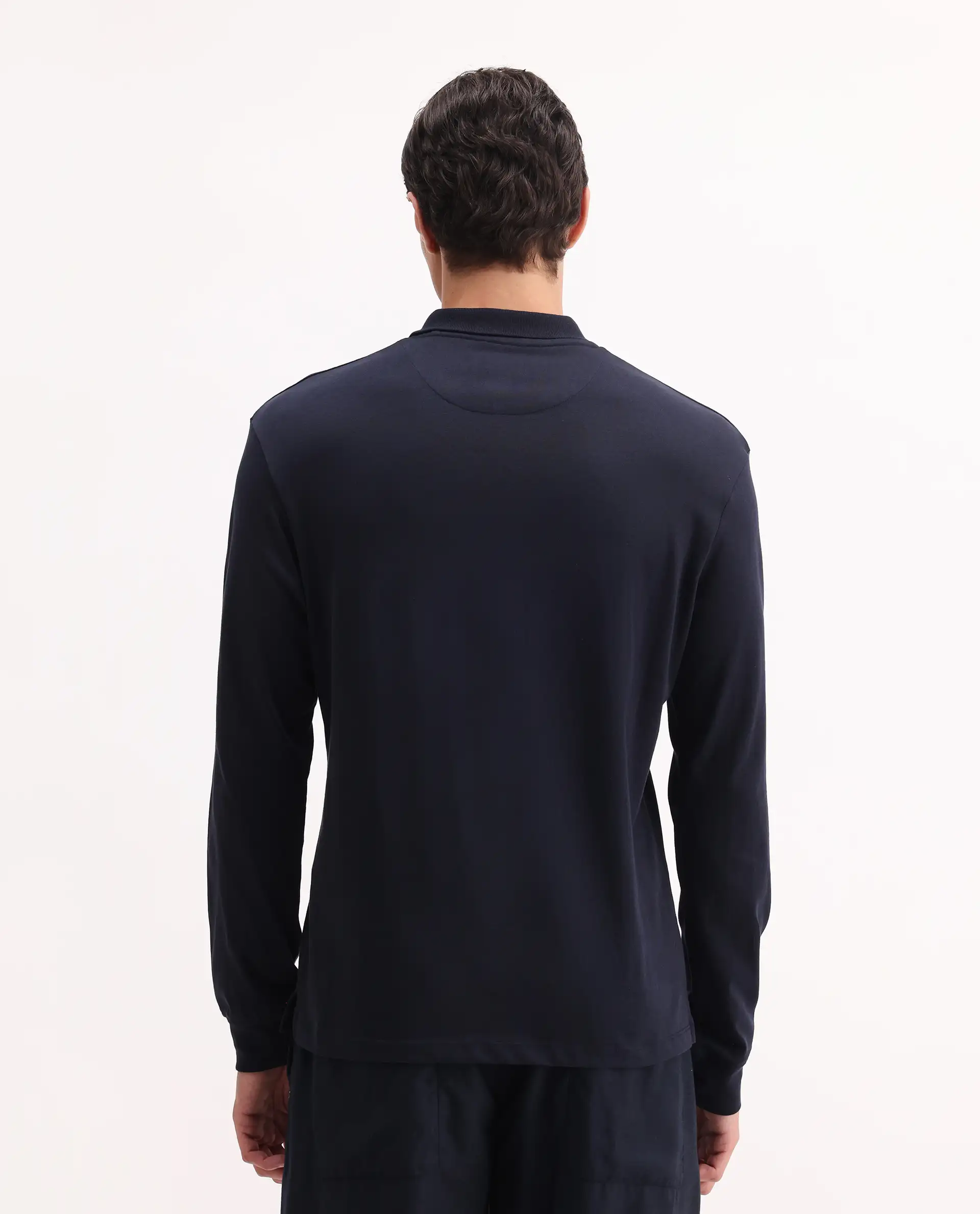 Rare Rabbit Men's Raz Navy Cotton Plain Regular Fit Full Sleeve Polo - Image 7