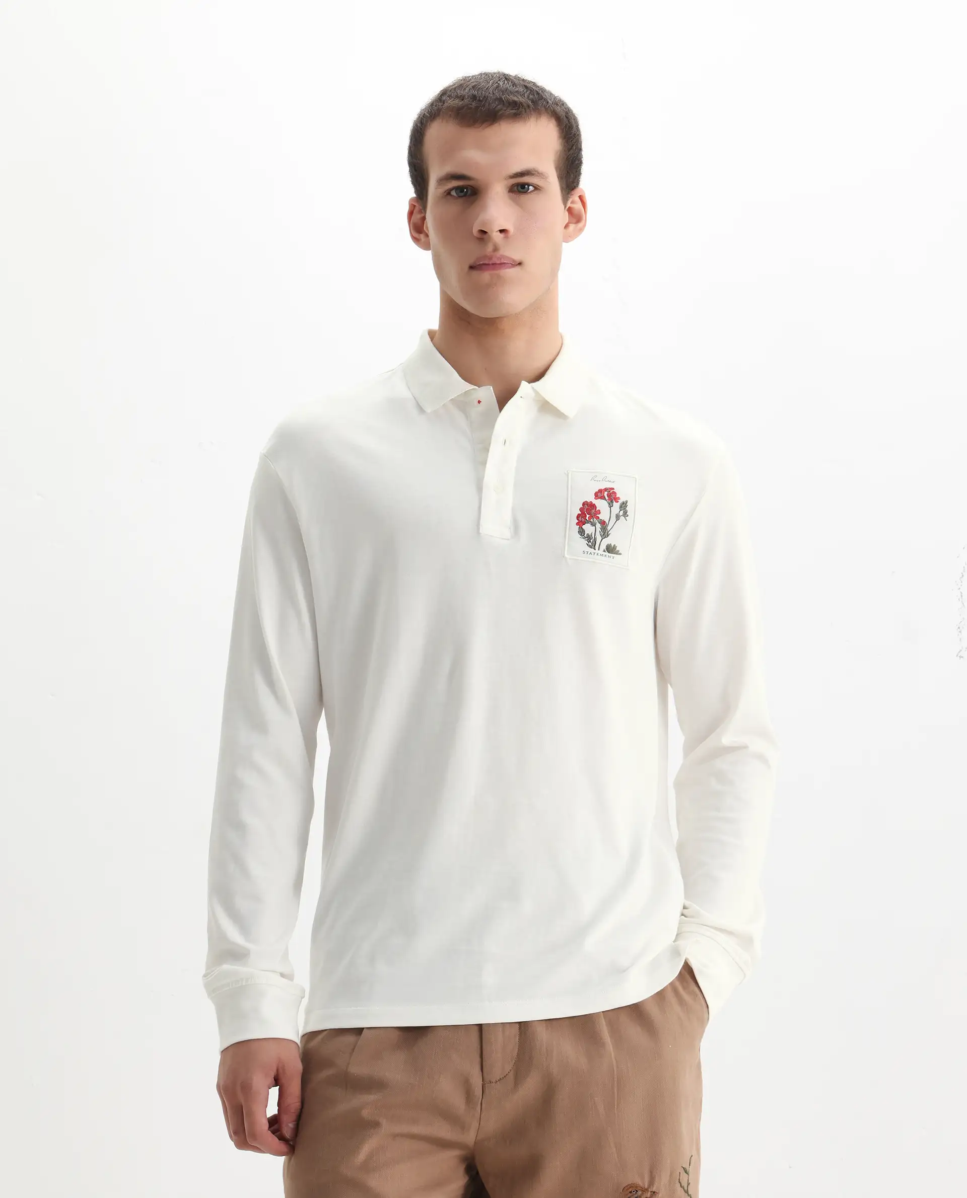 Rare Rabbit Men's Raz Off White Cotton Plain Regular Fit Full Sleeve Polo - Image 4