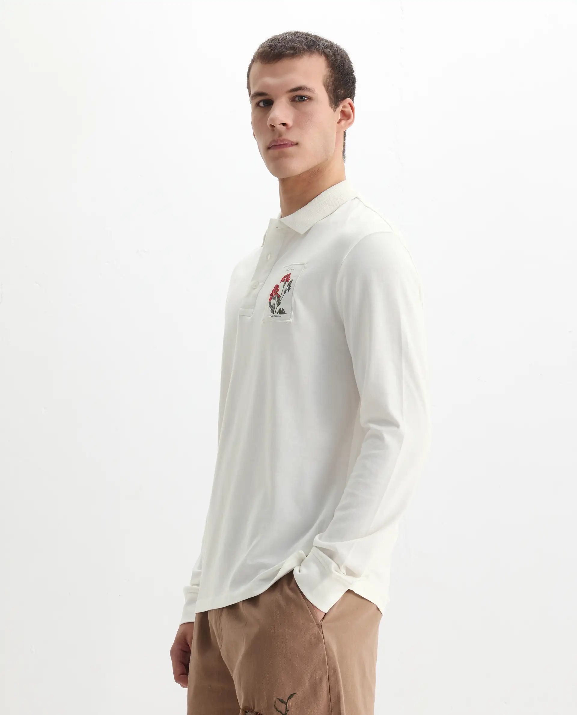 Rare Rabbit Men's Raz Off White Cotton Plain Regular Fit Full Sleeve Polo - Image 5