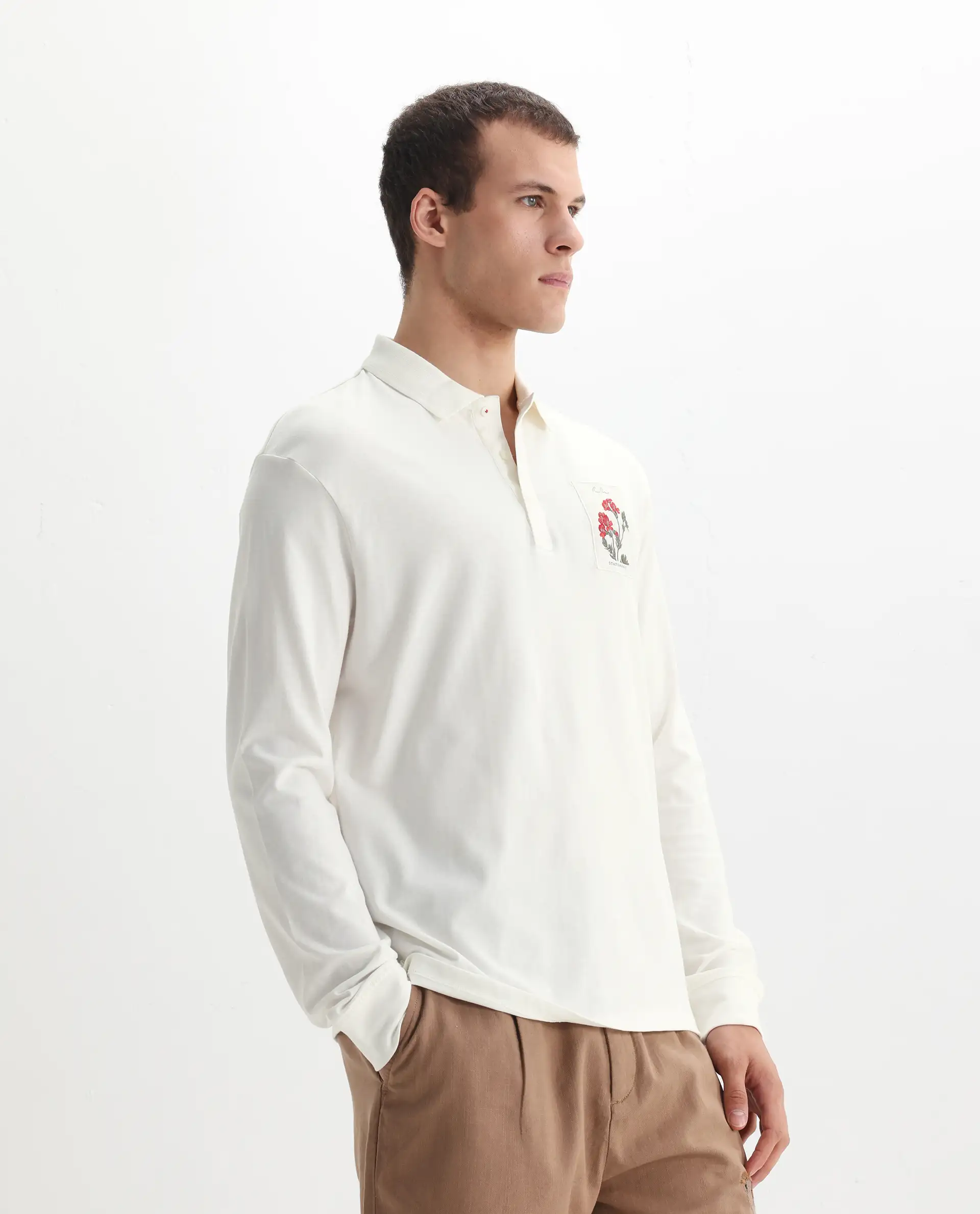 Rare Rabbit Men's Raz Off White Cotton Plain Regular Fit Full Sleeve Polo - Image 6