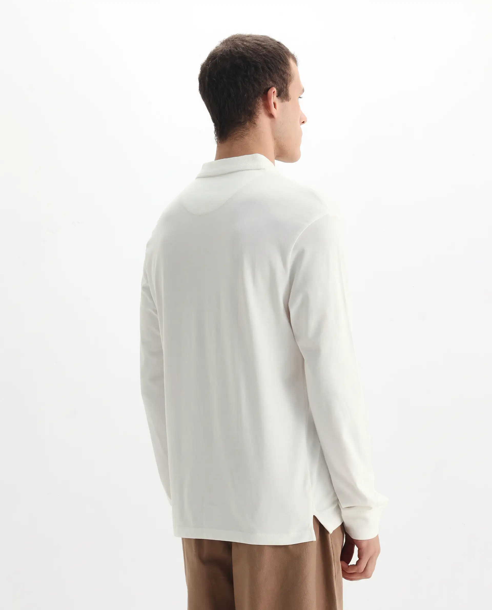 Rare Rabbit Men's Raz Off White Cotton Plain Regular Fit Full Sleeve Polo - Image 7