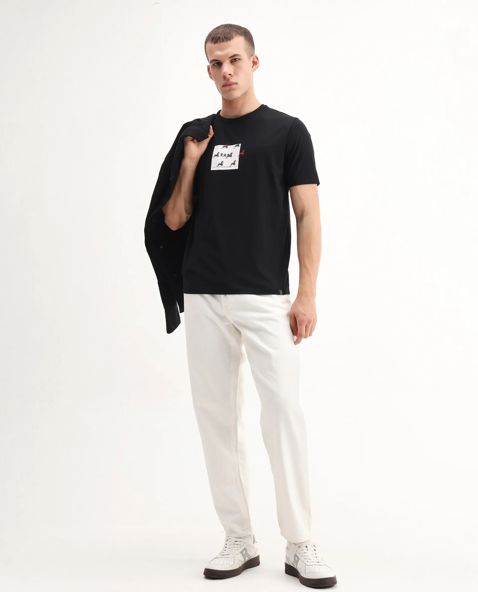 Rare Rabbit Men's Raze Black Cotton Blend Graphic Print Regular Fit Half Sleeve Crew Neck T-Shirt - Image 2
