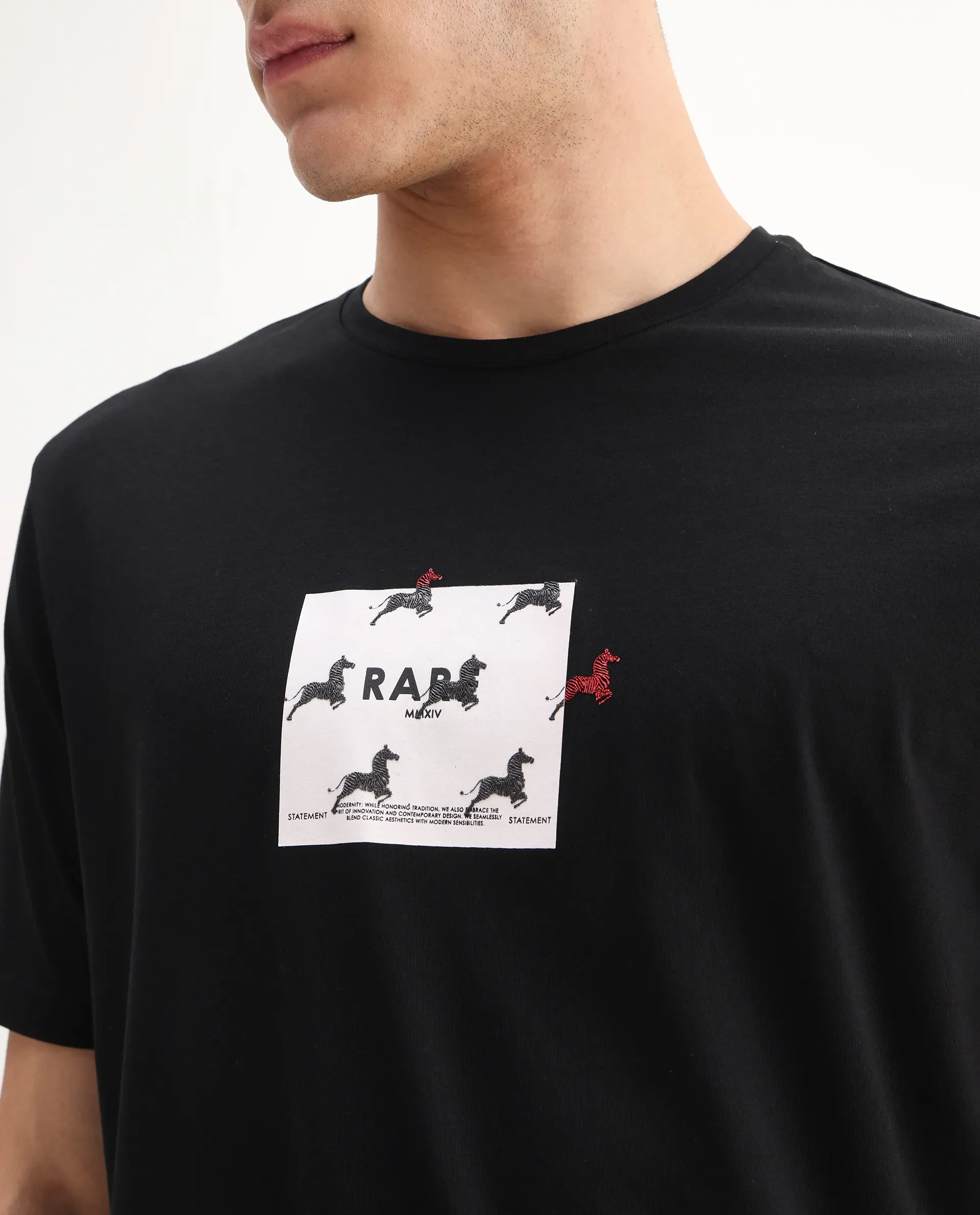 Rare Rabbit Men's Raze Black Cotton Blend Graphic Print Regular Fit Half Sleeve Crew Neck T-Shirt - Image 3