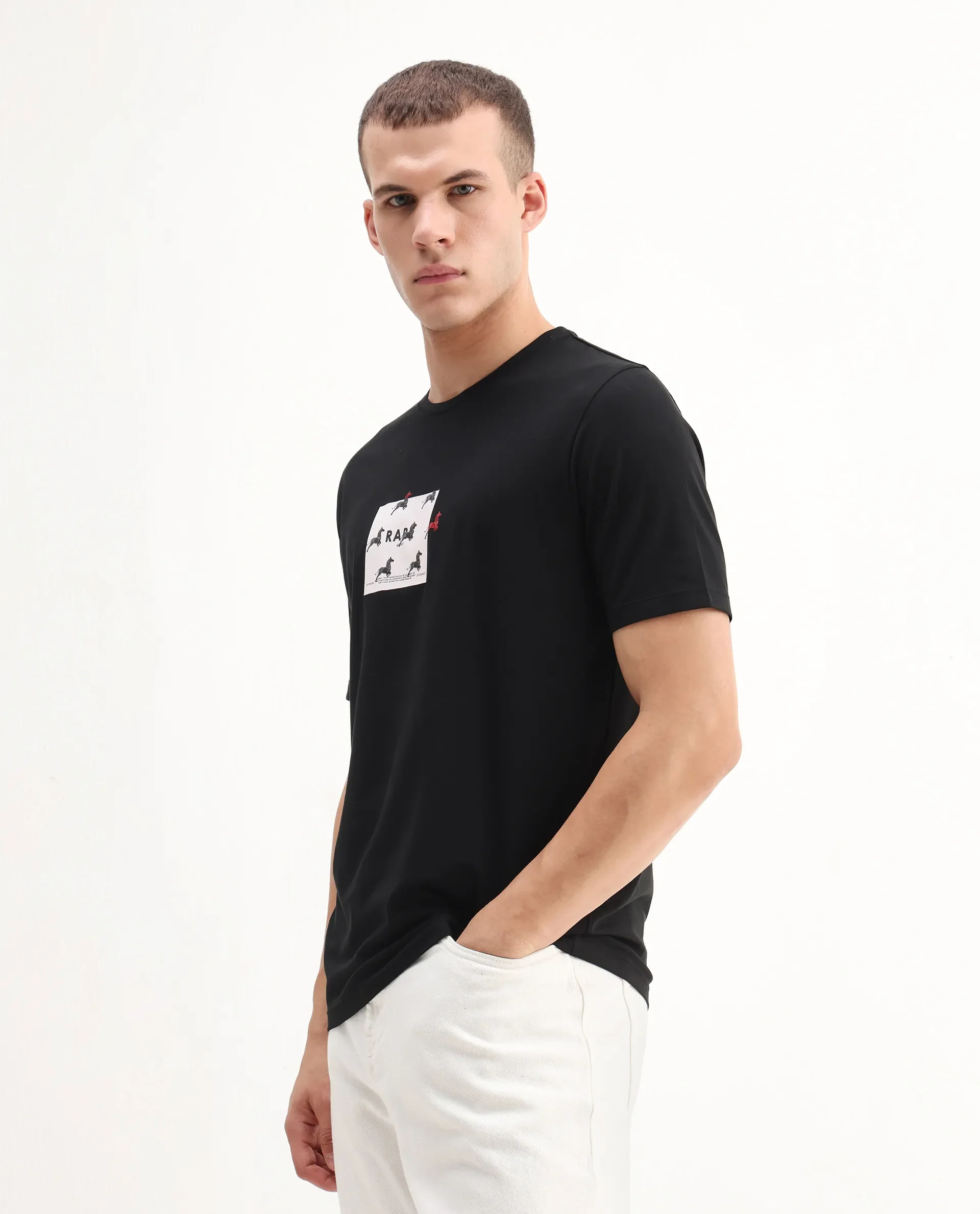 Rare Rabbit Men's Raze Black Cotton Blend Graphic Print Regular Fit Half Sleeve Crew Neck T-Shirt - Image 4