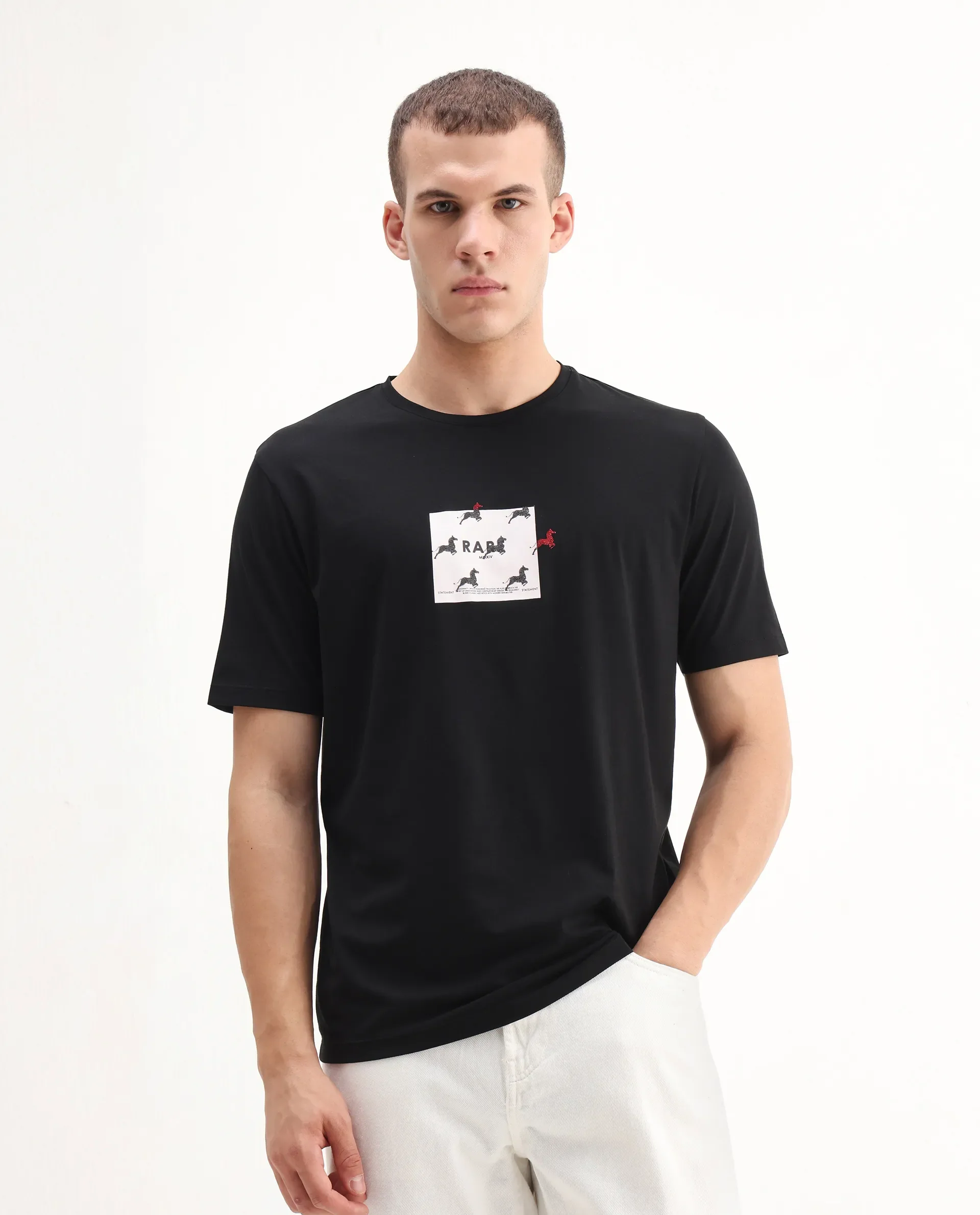 Rare Rabbit Men's Raze Black Cotton Blend Graphic Print Regular Fit Half Sleeve Crew Neck T-Shirt - Image 5