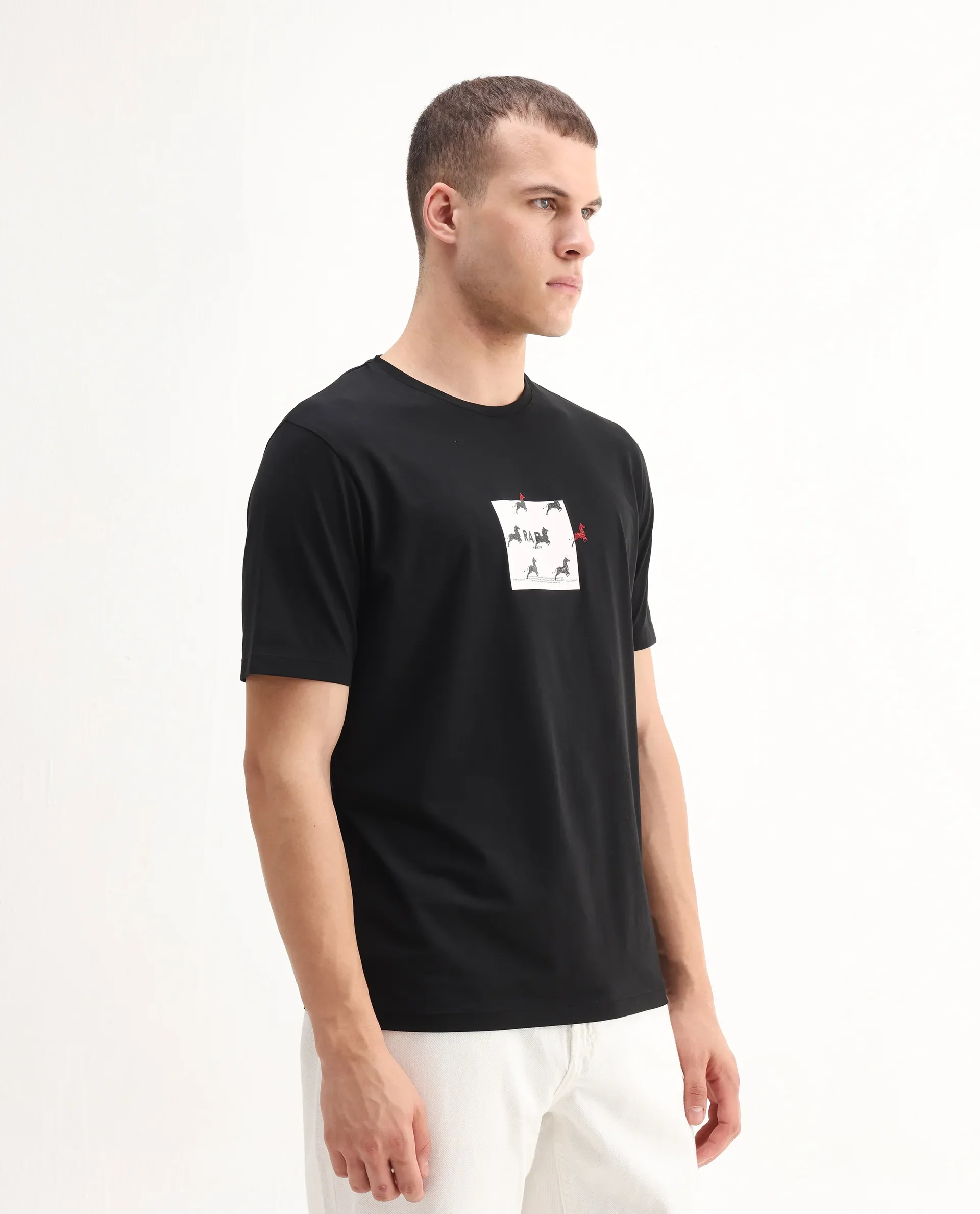 Rare Rabbit Men's Raze Black Cotton Blend Graphic Print Regular Fit Half Sleeve Crew Neck T-Shirt - Image 6