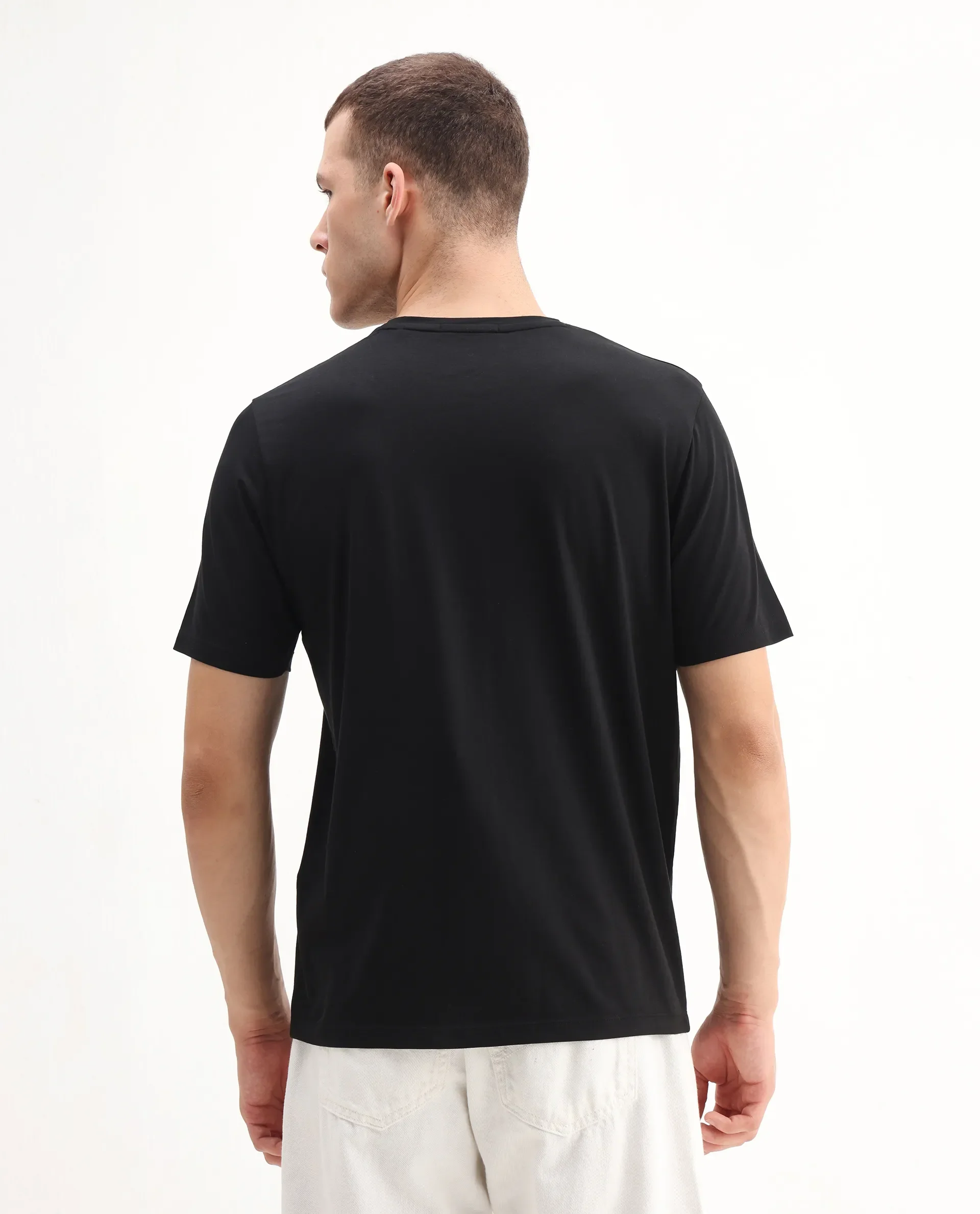 Rare Rabbit Men's Raze Black Cotton Blend Graphic Print Regular Fit Half Sleeve Crew Neck T-Shirt - Image 7