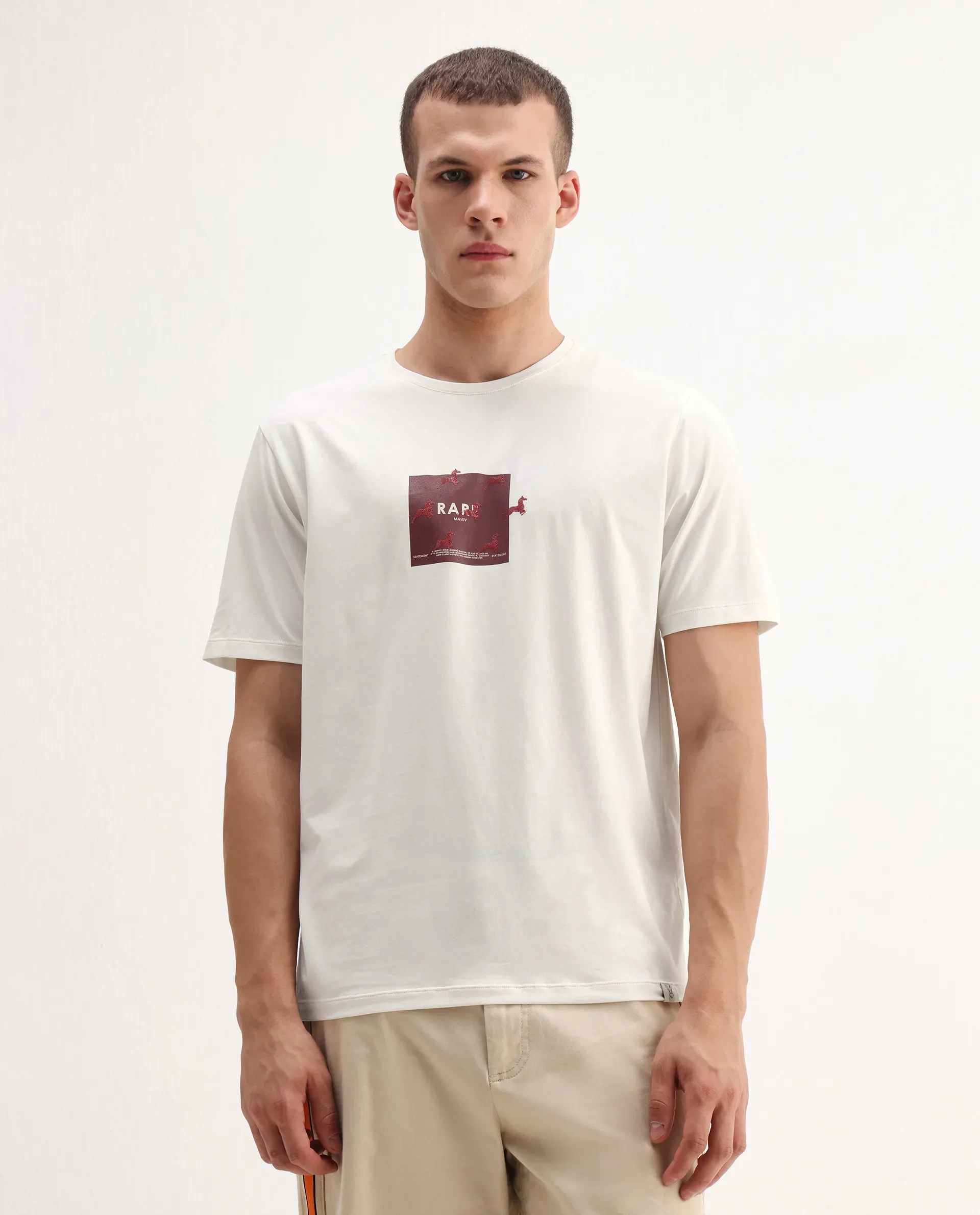 Rare Rabbit Men's Raze Off White Cotton Blend Graphic Print Regular Fit Half Sleeve Crew Neck T-Shirt - Image 4