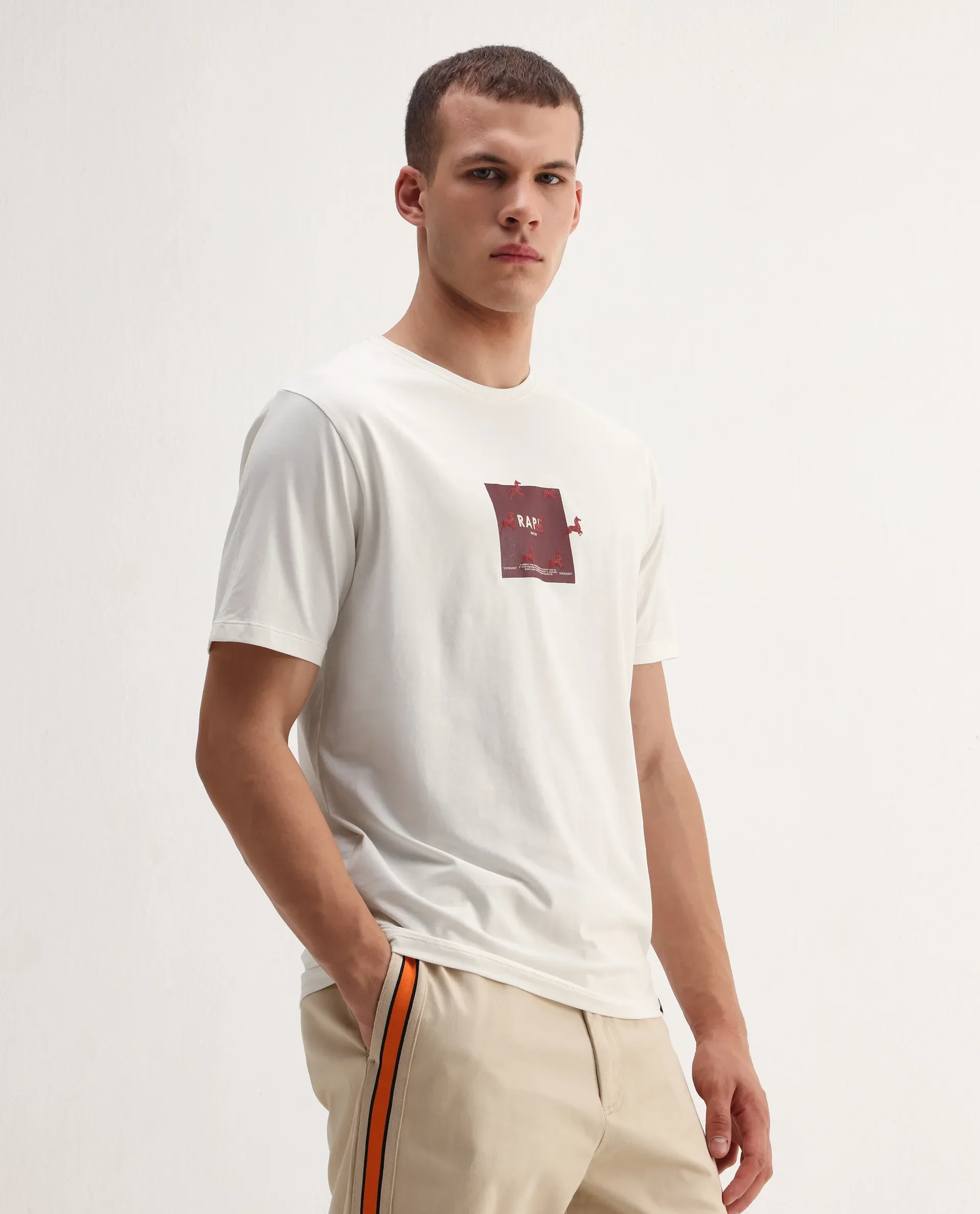Rare Rabbit Men's Raze Off White Cotton Blend Graphic Print Regular Fit Half Sleeve Crew Neck T-Shirt - Image 6