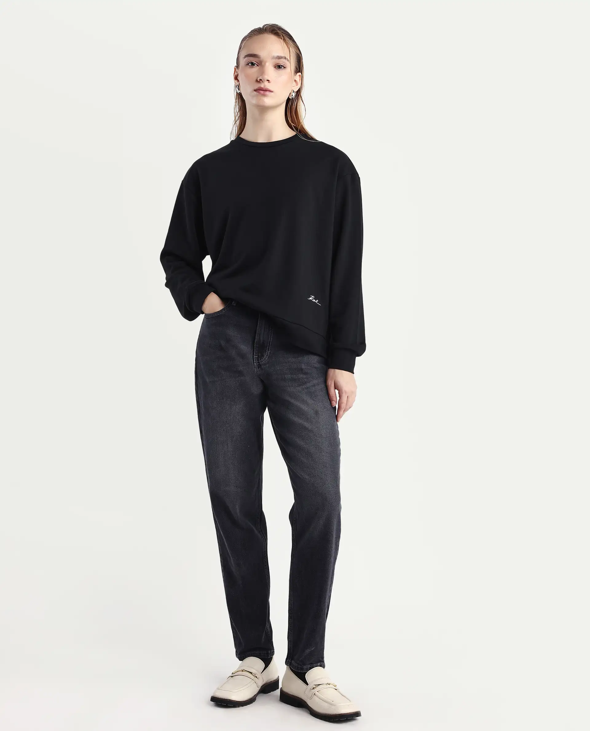 Rareism Women's Raze Black Cotton Blend Crew Neck Relaxed Fit Printed Sweatshirt - Image 2