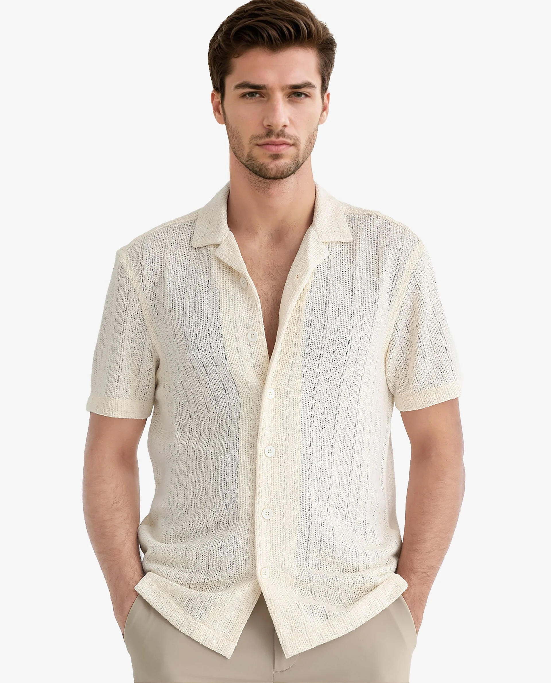 Rare Rabbit Men's Reach Off White Cotton Textured Regular Fit Half Sleeve Cuban Collar Shirt