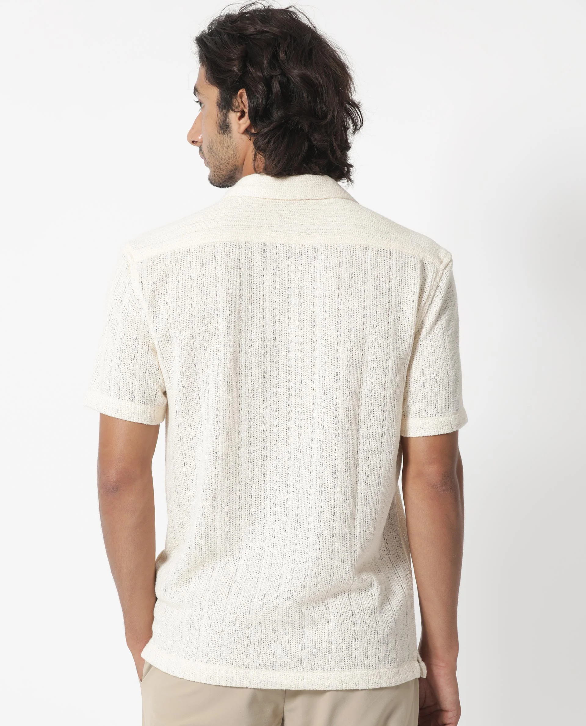 Rare Rabbit Men's Reach Off White Cotton Textured Regular Fit Half Sleeve Cuban Collar Shirt - Image 11