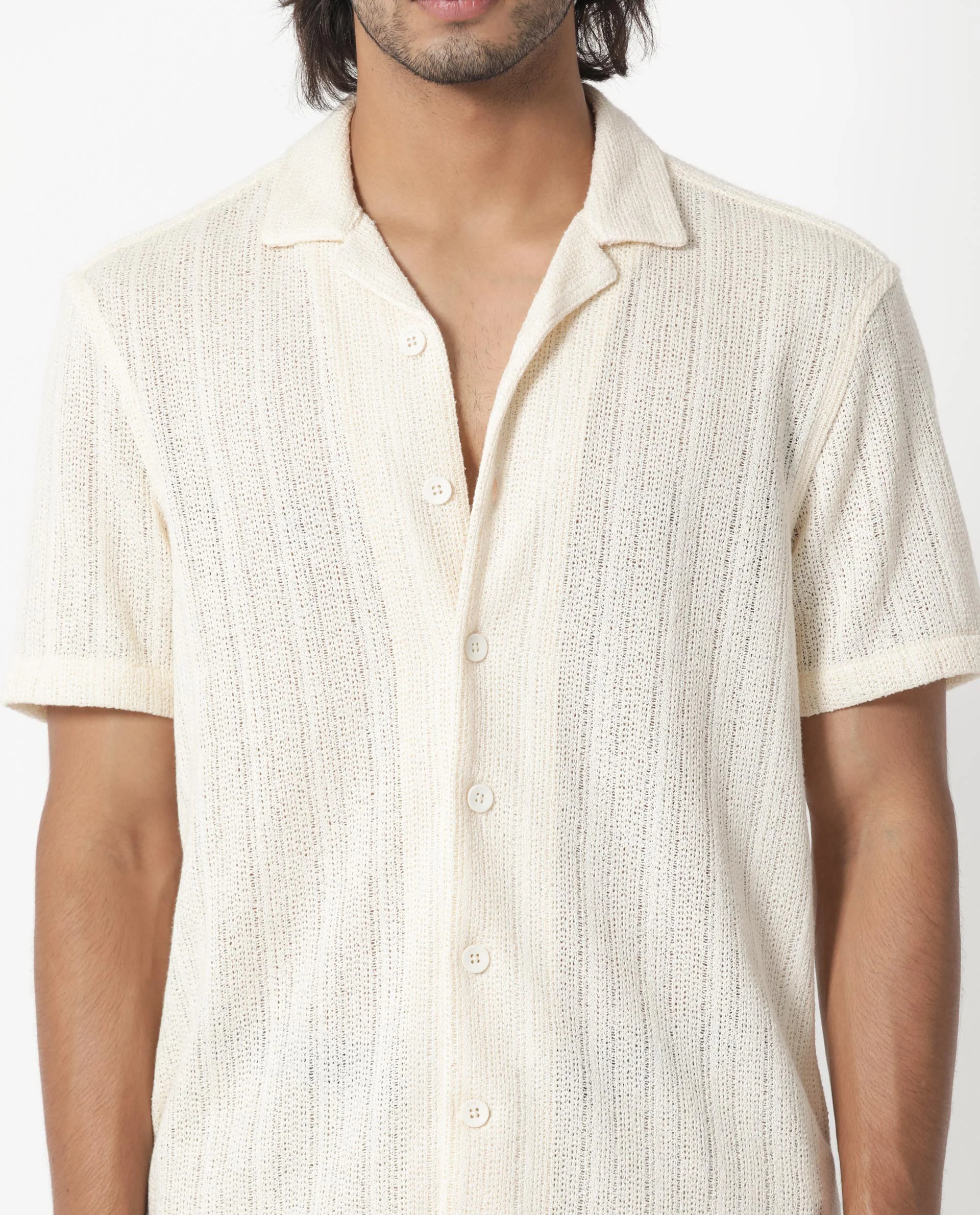 Rare Rabbit Men's Reach Off White Cotton Textured Regular Fit Half Sleeve Cuban Collar Shirt - Image 2