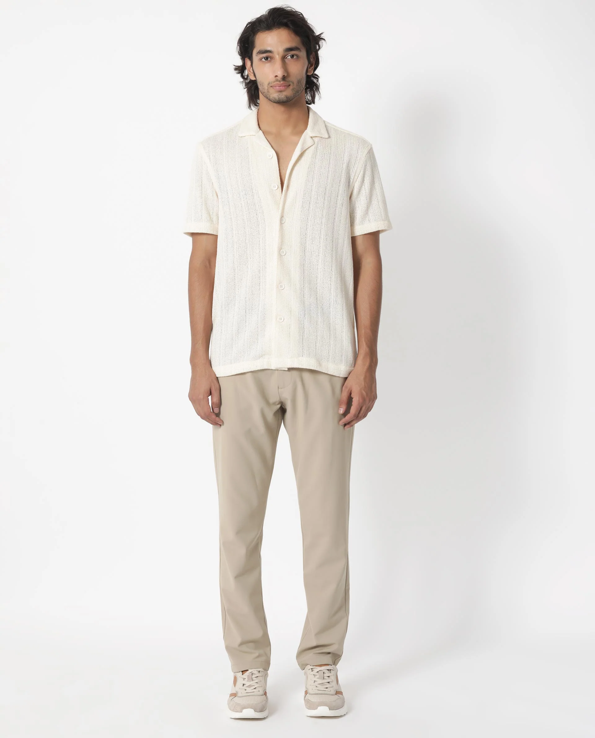 Rare Rabbit Men's Reach Off White Cotton Textured Regular Fit Half Sleeve Cuban Collar Shirt - Image 3