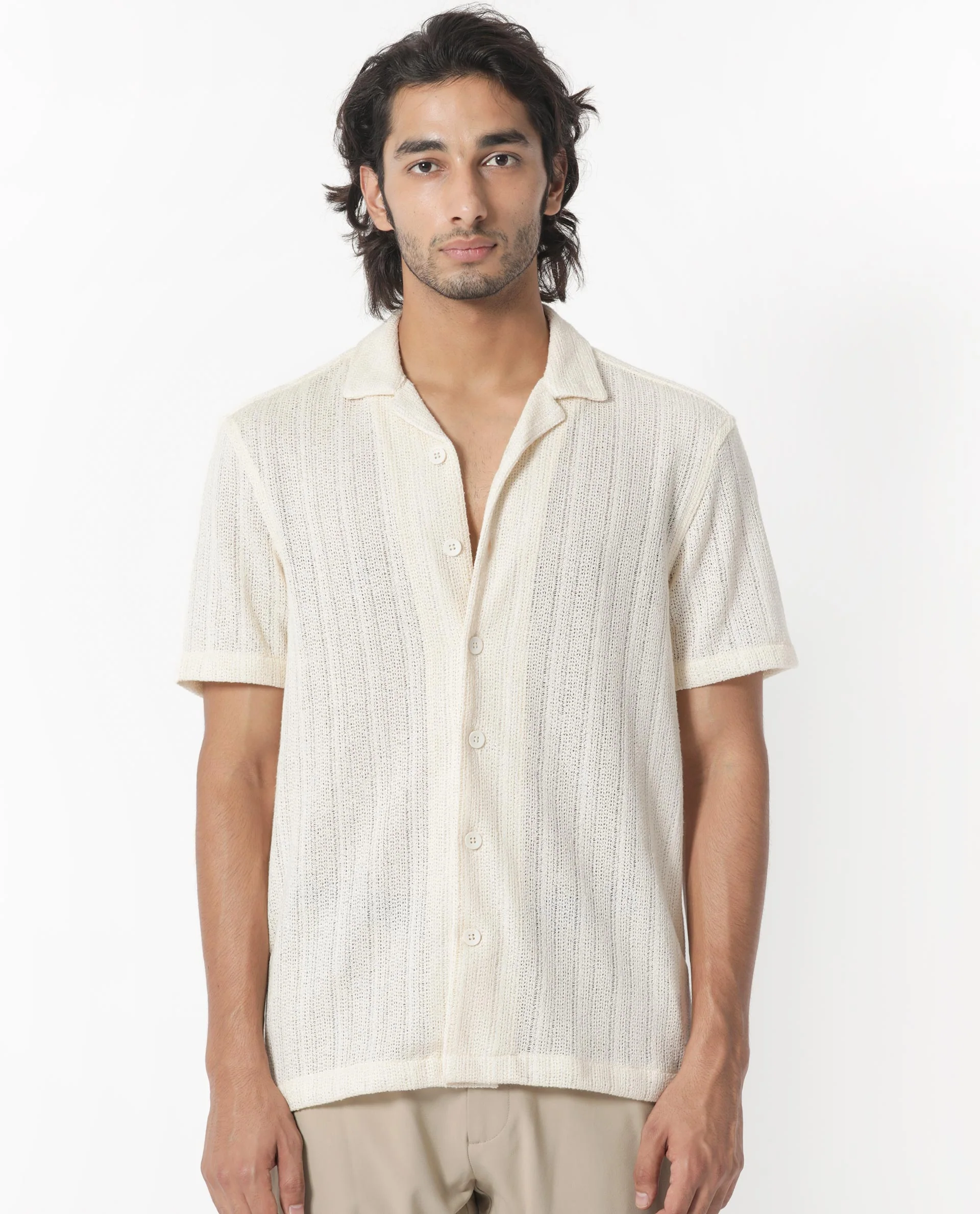 Rare Rabbit Men's Reach Off White Cotton Textured Regular Fit Half Sleeve Cuban Collar Shirt - Image 4