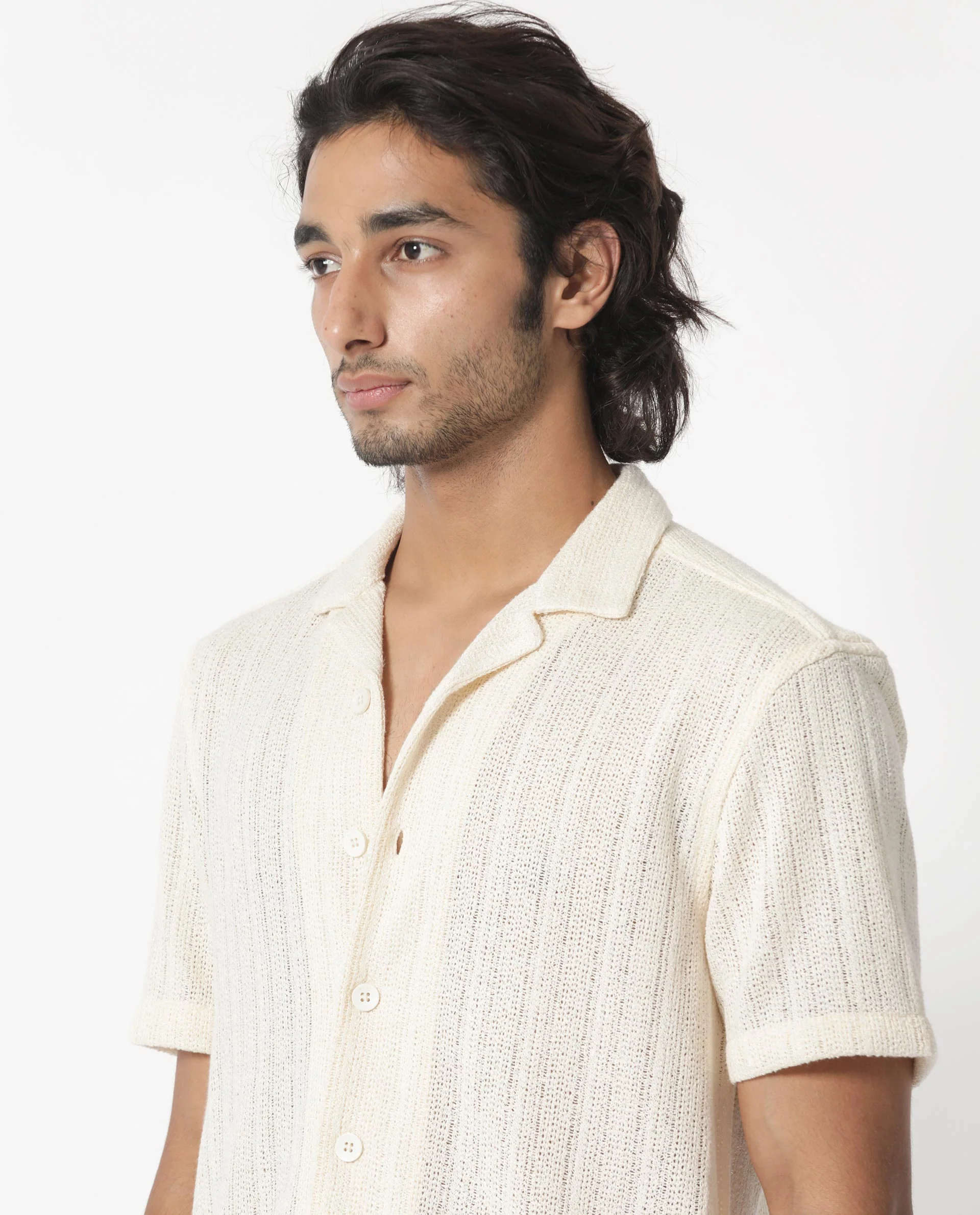 Rare Rabbit Men's Reach Off White Cotton Textured Regular Fit Half Sleeve Cuban Collar Shirt - Image 5