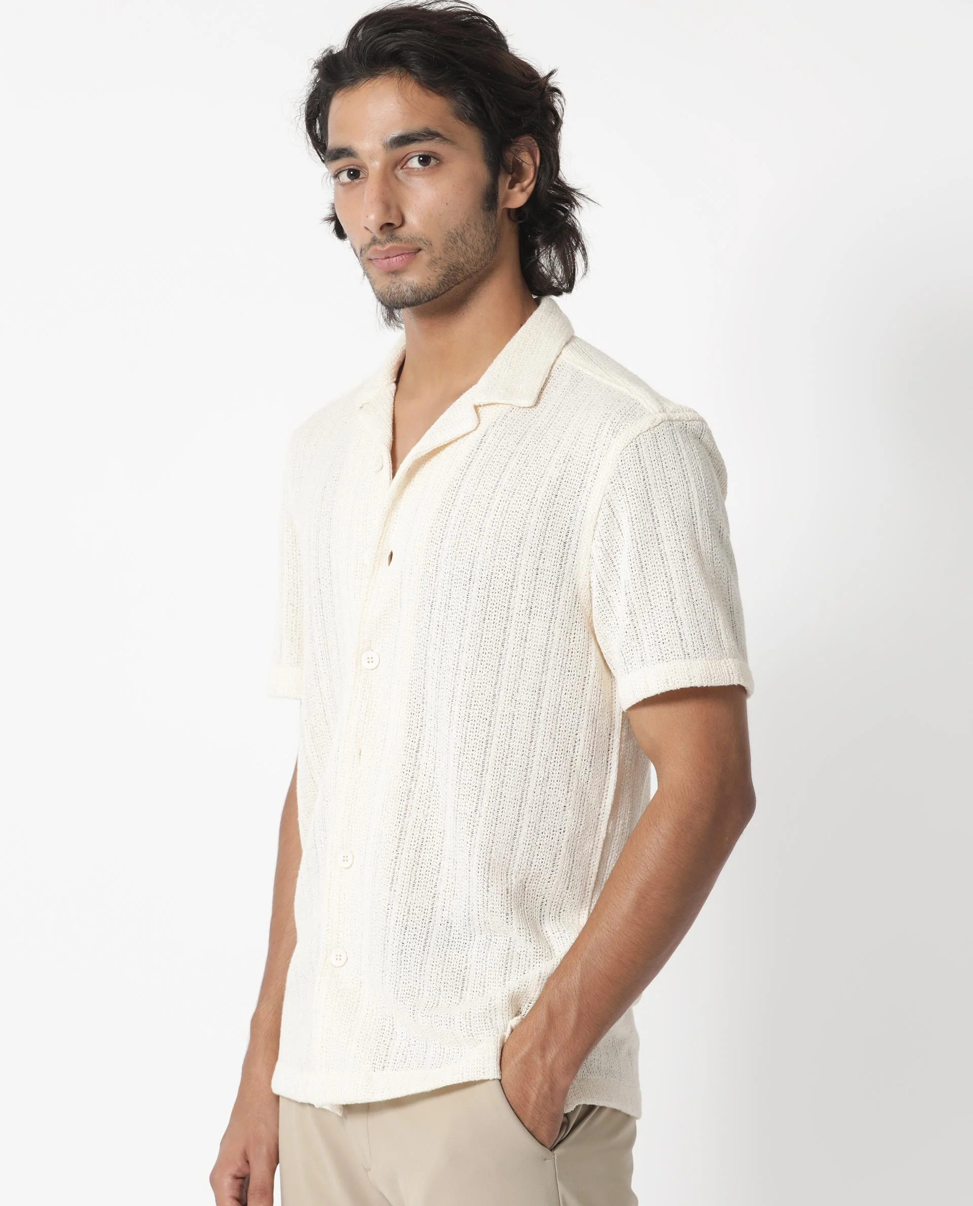 Rare Rabbit Men's Reach Off White Cotton Textured Regular Fit Half Sleeve Cuban Collar Shirt - Image 6
