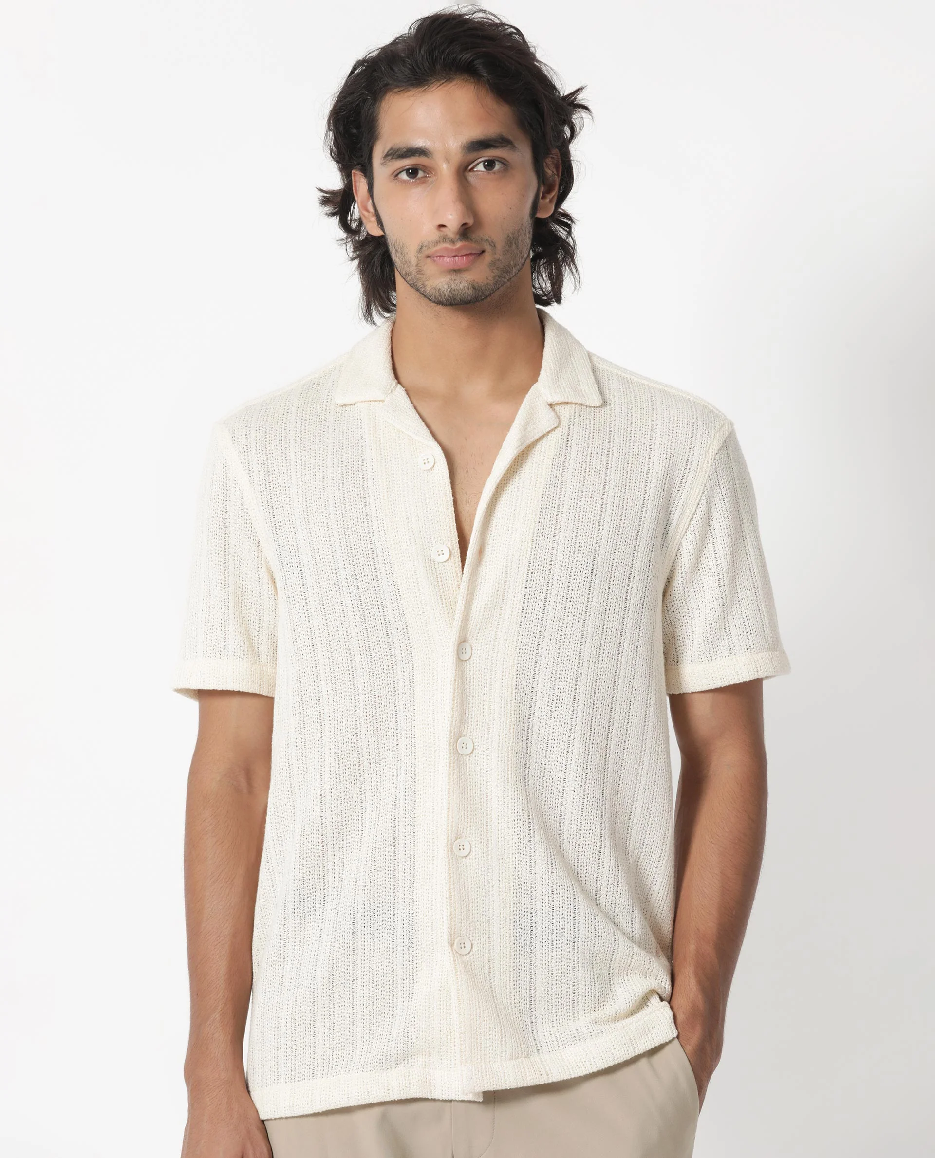 Rare Rabbit Men's Reach Off White Cotton Textured Regular Fit Half Sleeve Cuban Collar Shirt - Image 7