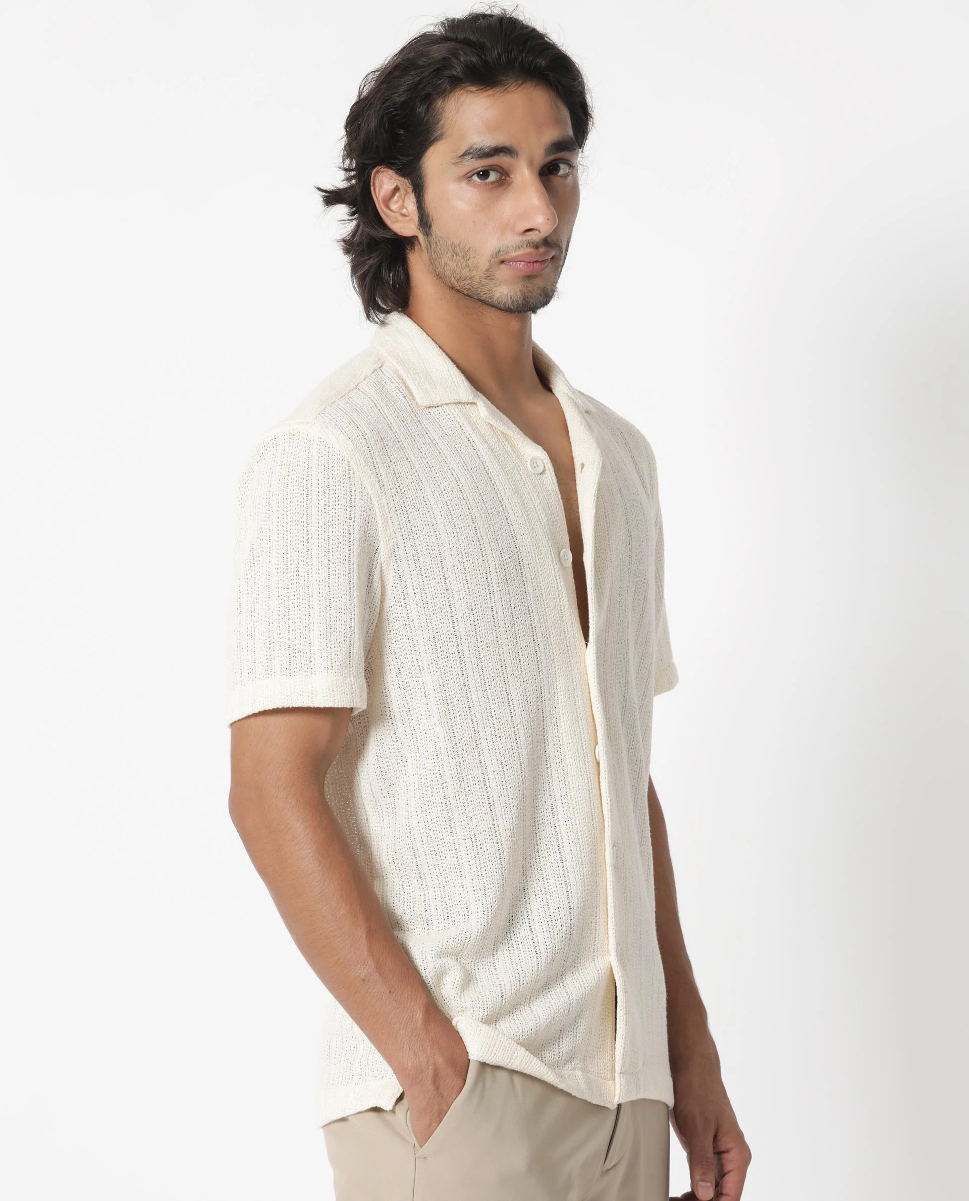 Rare Rabbit Men's Reach Off White Cotton Textured Regular Fit Half Sleeve Cuban Collar Shirt - Image 8