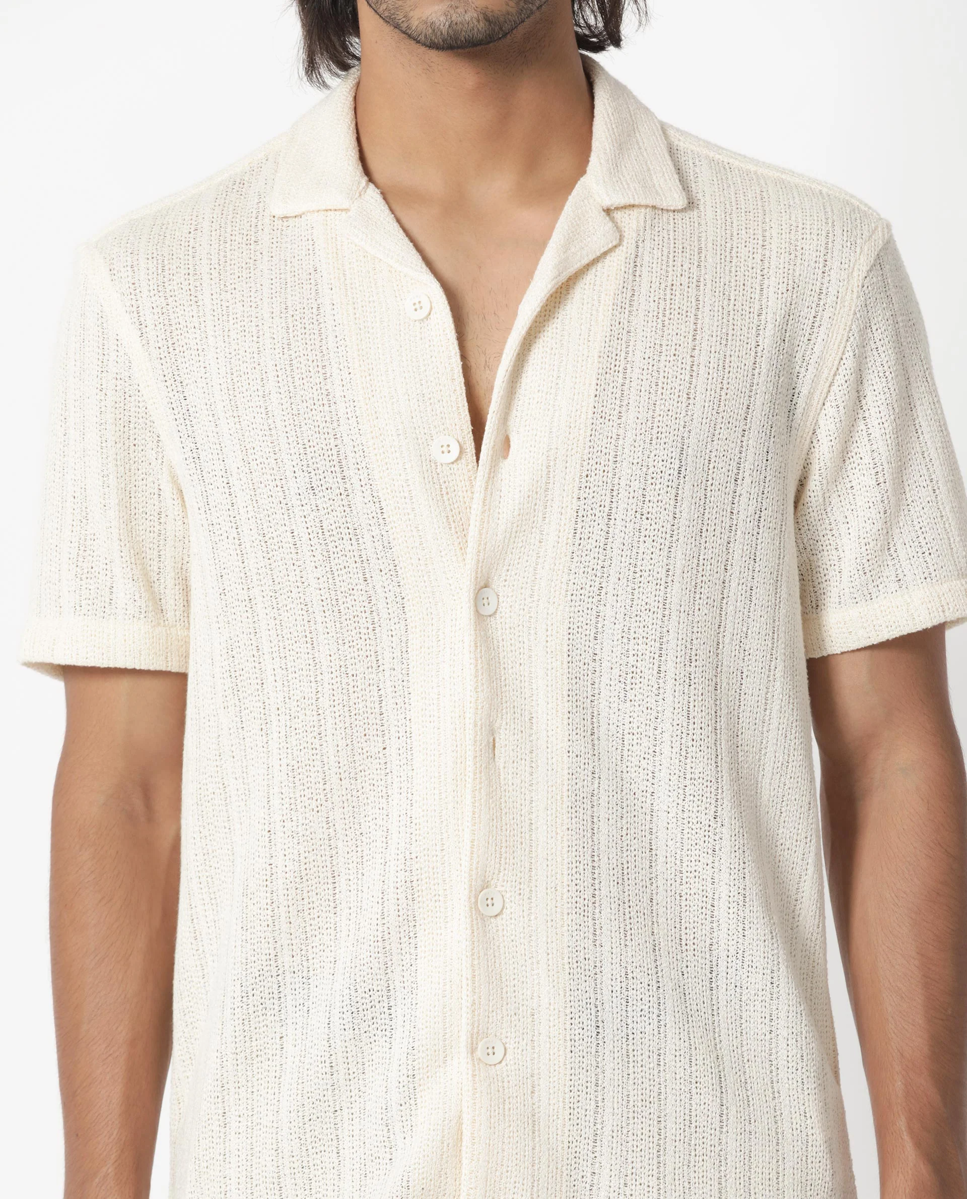 Rare Rabbit Men's Reach Off White Cotton Textured Regular Fit Half Sleeve Cuban Collar Shirt - Image 9