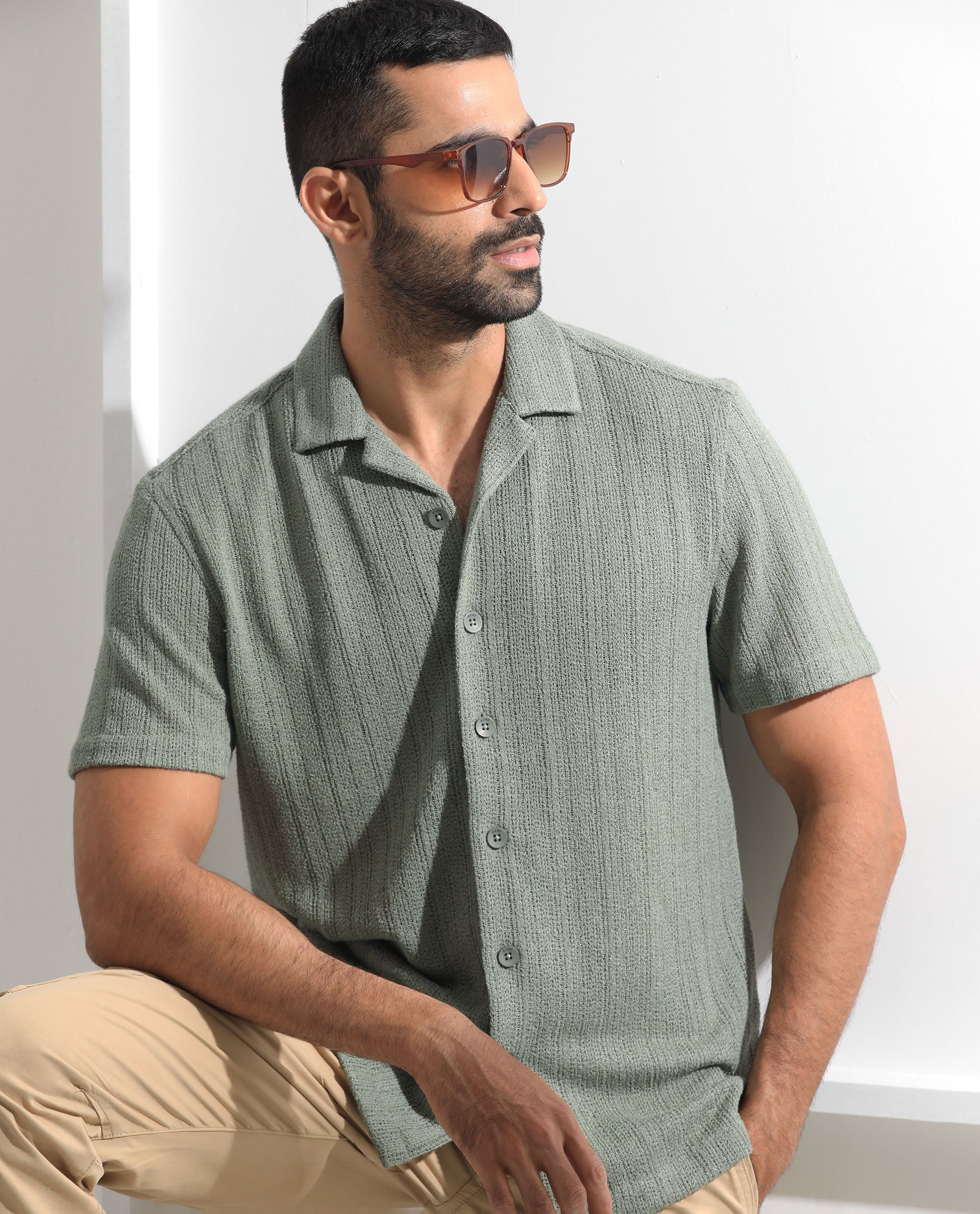 Rare Rabbit Men's Reach Pastel Green Cotton Textured Regular Fit Half Sleeve Cuban Collar Shirt