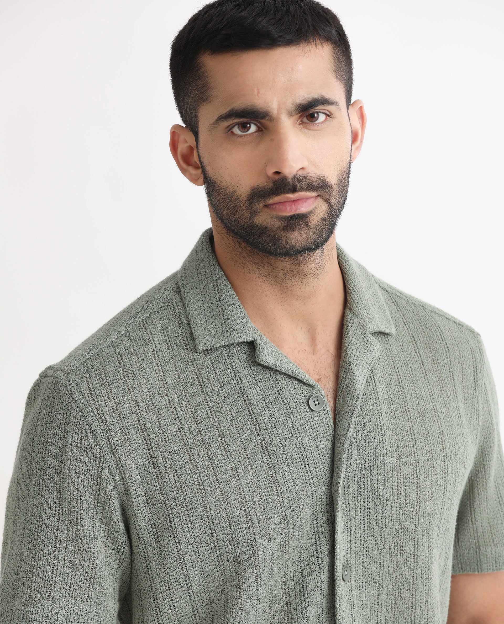 Rare Rabbit Men's Reach Pastel Green Cotton Textured Regular Fit Half Sleeve Cuban Collar Shirt - Image 2